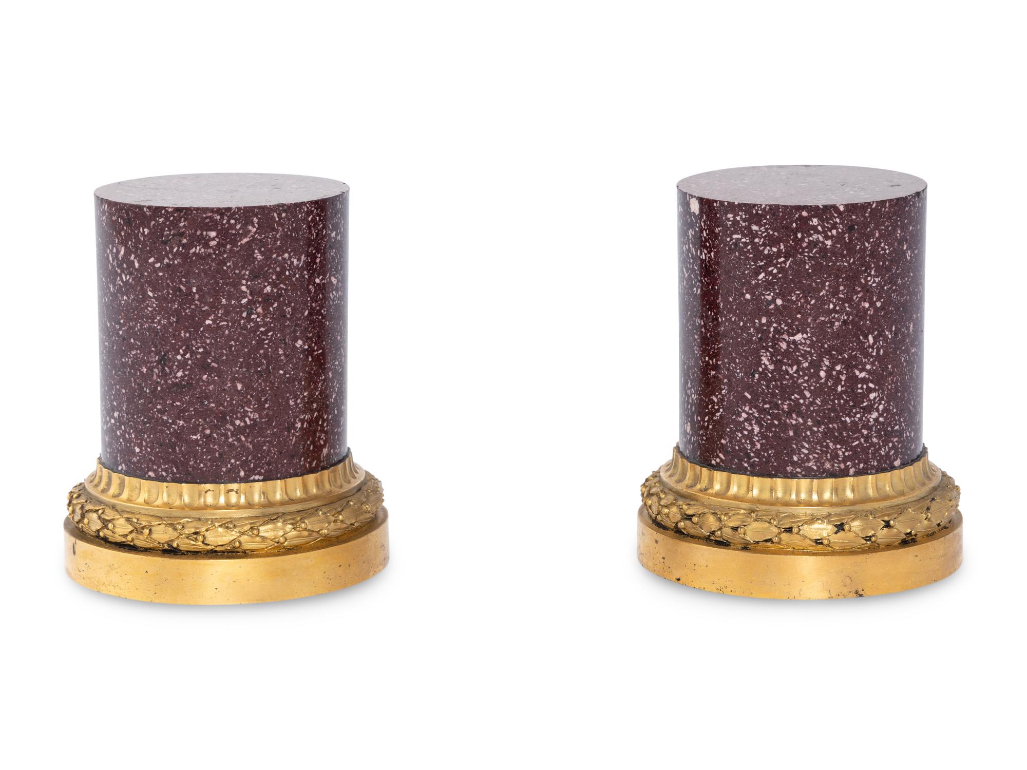 A Pair of French Gilt Bronze Mounted Porphyry Small Pedestals