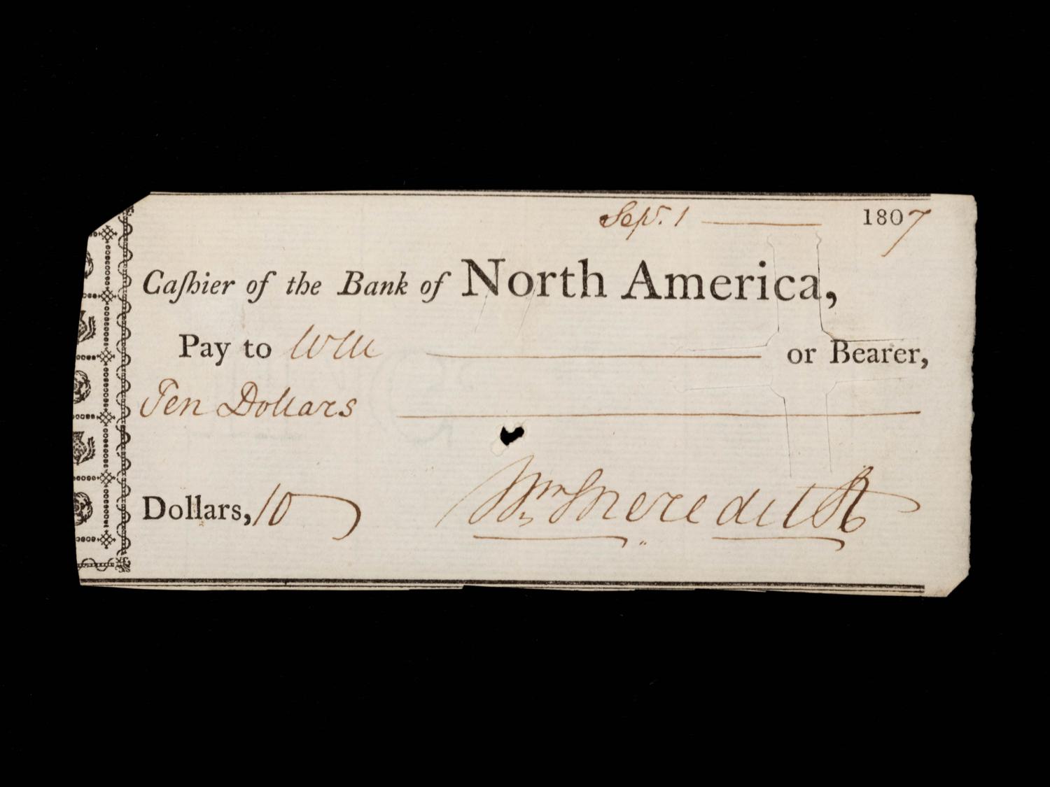 A William Meredith Signed Bank of North America Draft - Donated on June 27, 2024