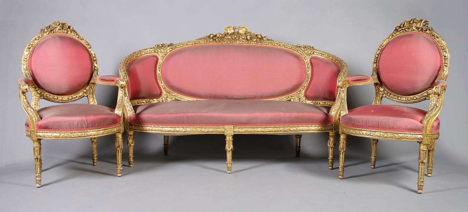 A Louis XVI Style Parlor Suite, Height of settee 42 x width 66 1/4 x depth 26 inches.