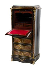 A Napoleon III Gilt Ebonized and Boulle Marquetry Secretaire a Abbatant, Height 48 1/2 x width 25 1/2 depth 13 1/2 inches.