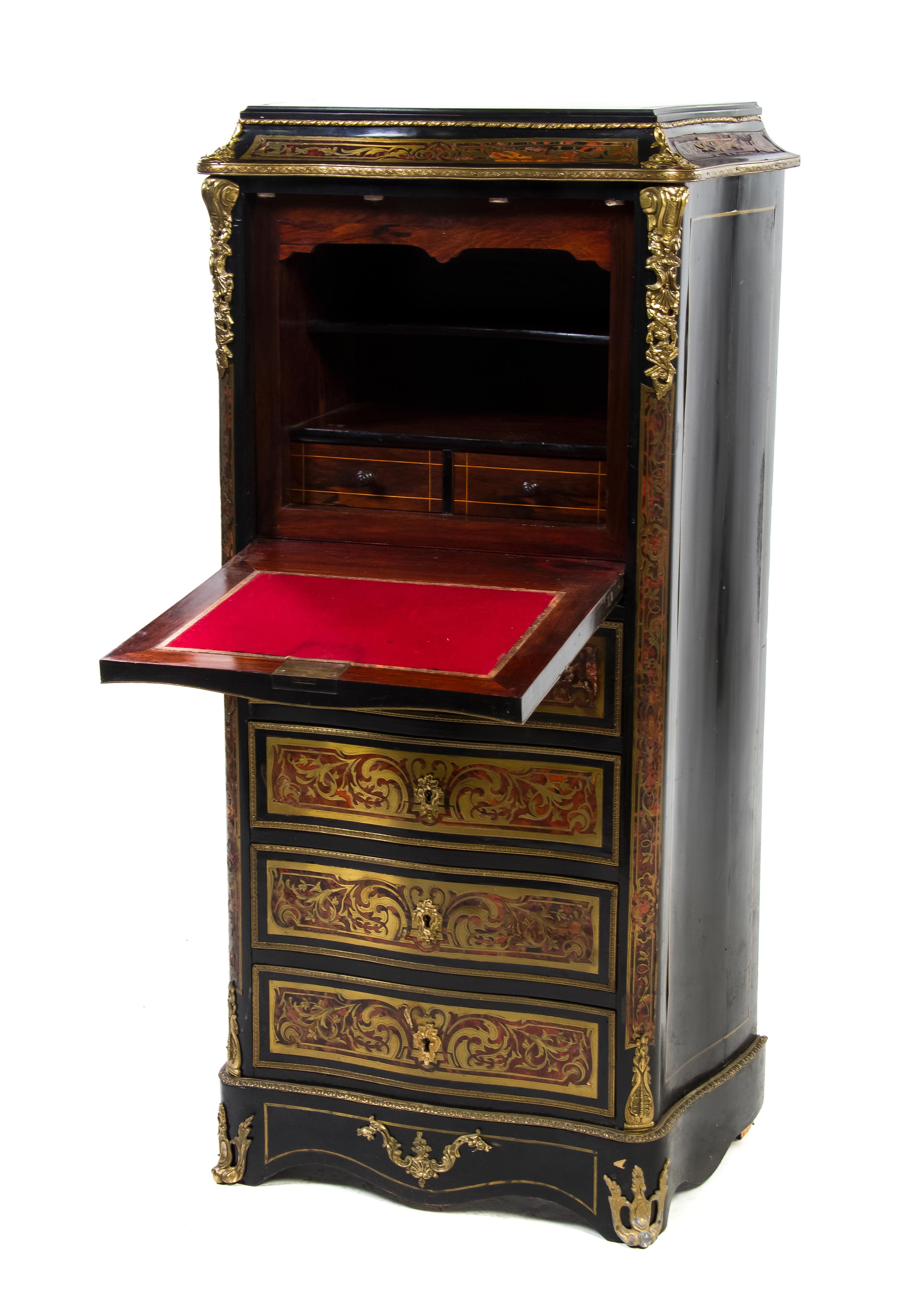 A Napoleon III Gilt Ebonized and Boulle Marquetry Secretaire a Abbatant, Height 48 1/2 x width 25 1/2 depth 13 1/2 inches.