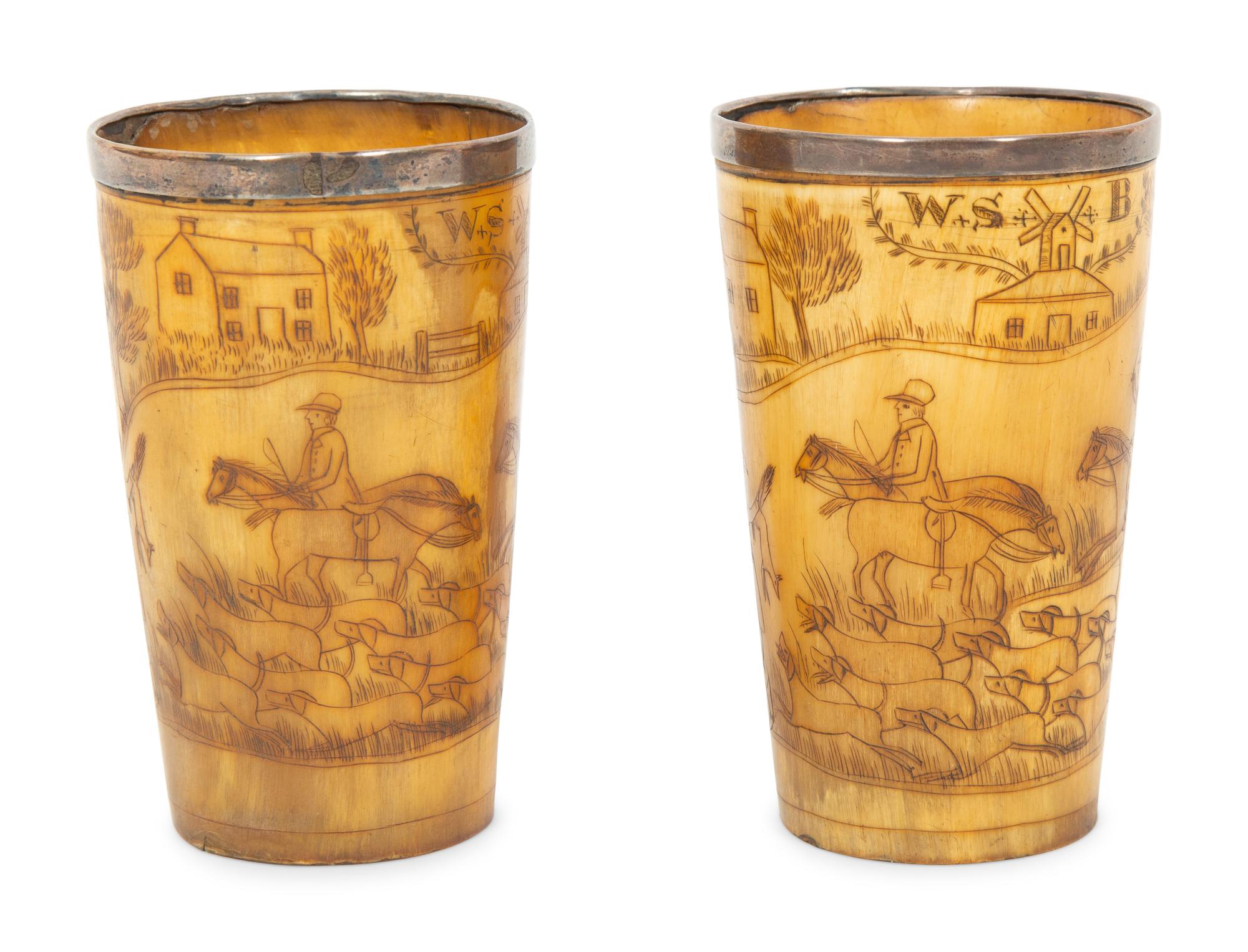 A Pair of Silver Mounted Horn Cups with Engraved Hunt Scenes