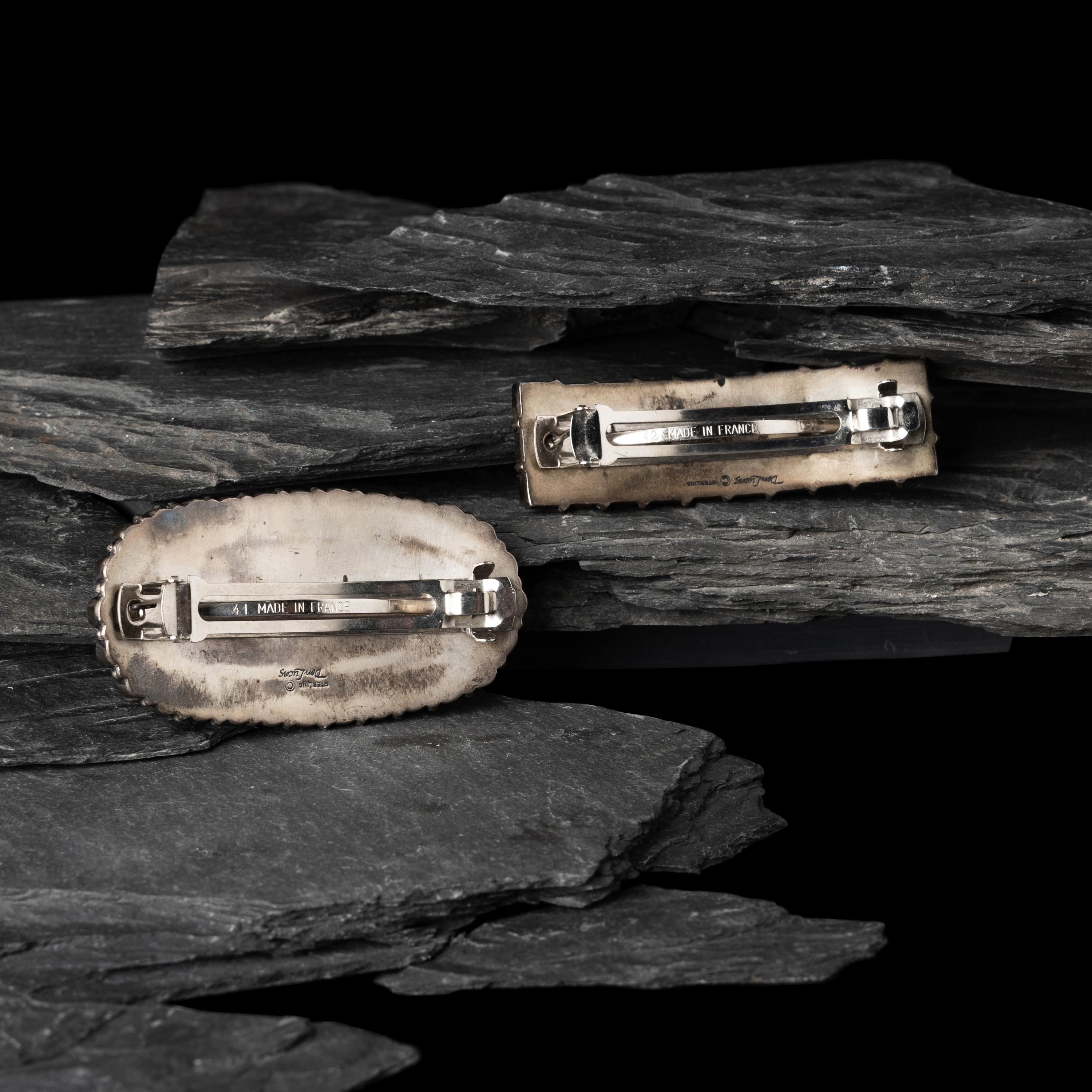 Don Lucas (American, 20th century) — Southwestern-style Sterling Silver and Cluster Inlay Hair Barrettes and Post Earrings
