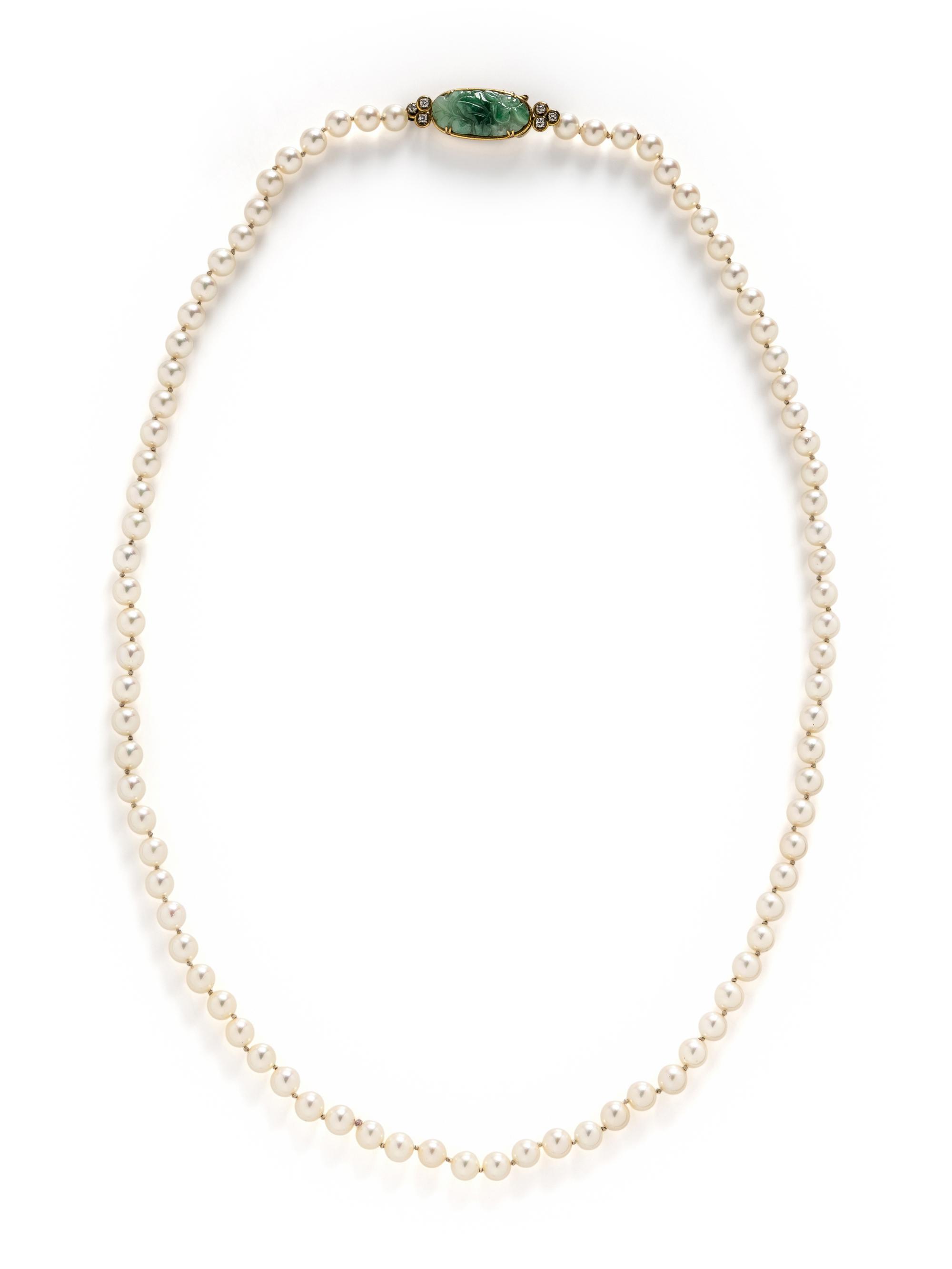 CULTURED PEARL, JADE, AND DIAMOND NECKLACE