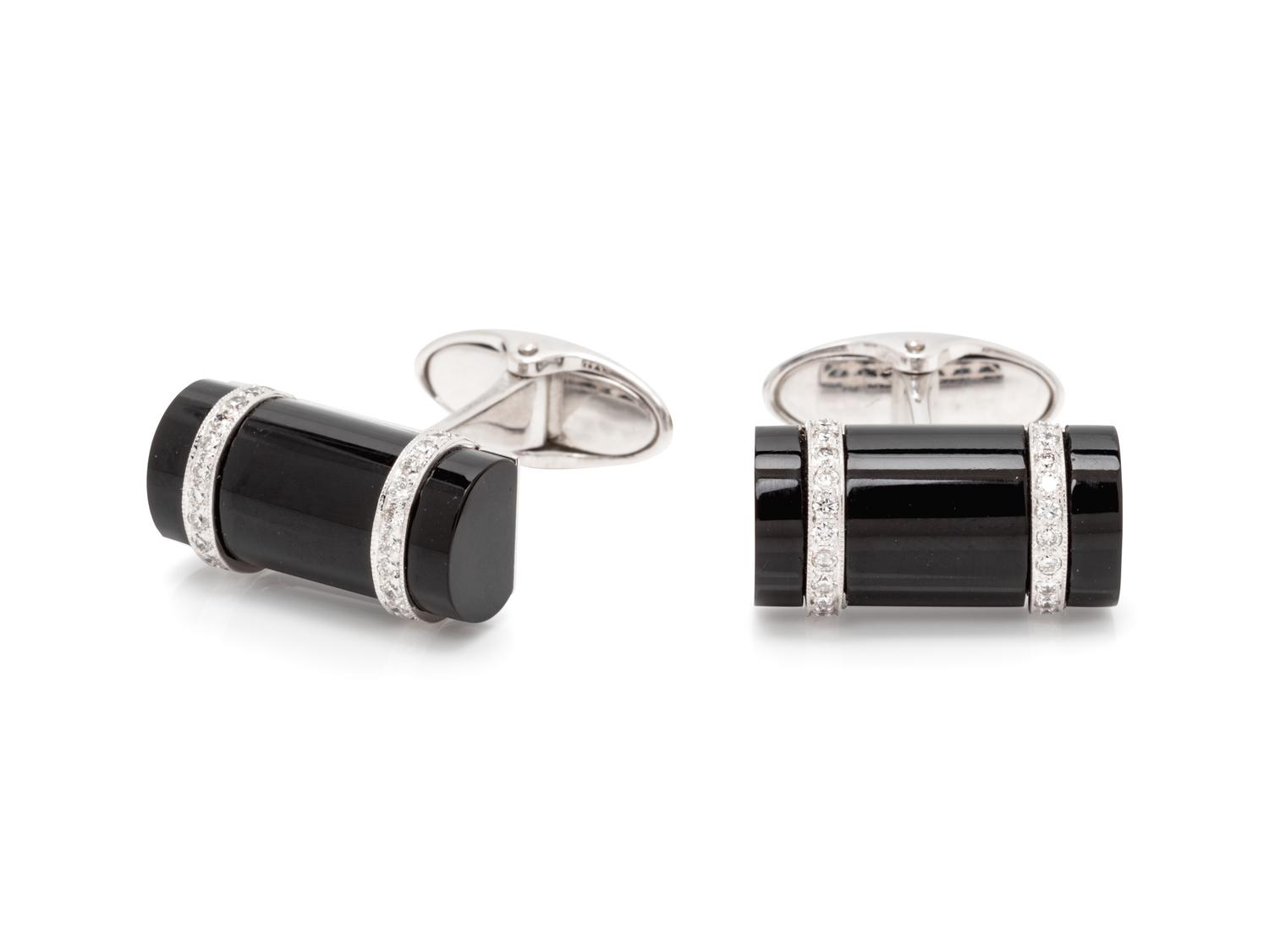 A Pair of 18 Karat White Gold, Onyx and Diamond Cufflinks,
