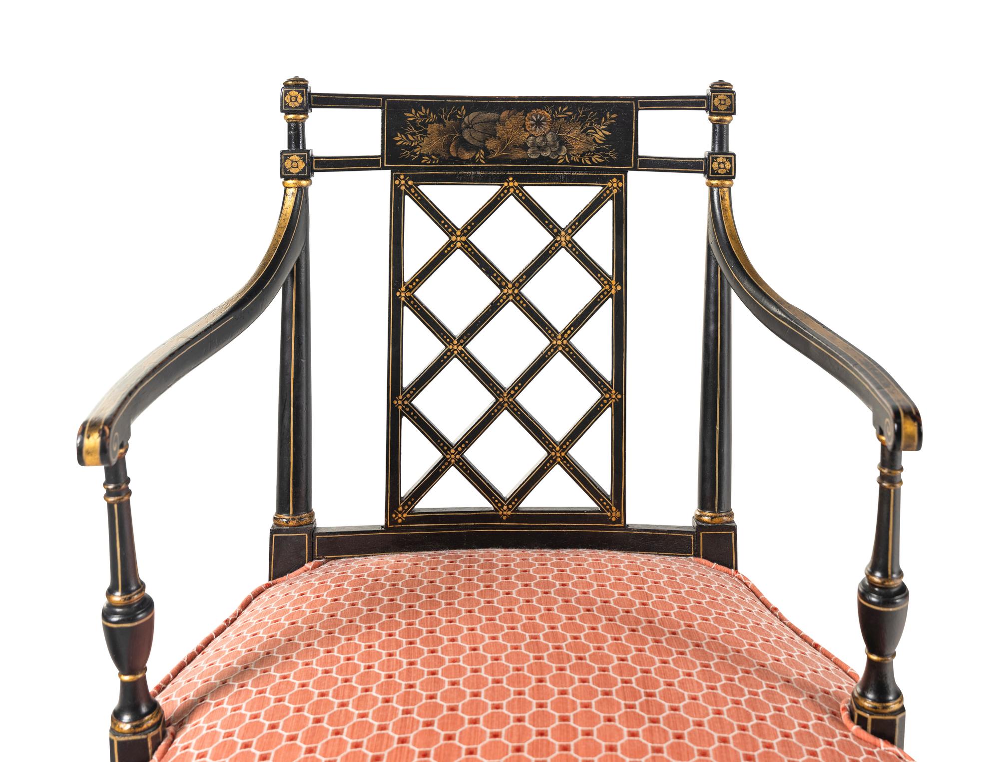 A Pair of George III Black Painted and Parcel-Gilt Armchairs