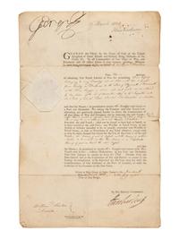 GEORGE III, King of England (1738-1820). Partly printed document signed, 19 March 1808. Counter-signed by Lord Hawkesbury and William Strachan.