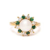 CULTURED PEARL, EMERALD, AND DIAMOND CLIP EARRINGS AND RING