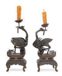 A Pair of Pewter Crane-Form Candle Holders Height of each 16 inches. — 19TH CENTURY