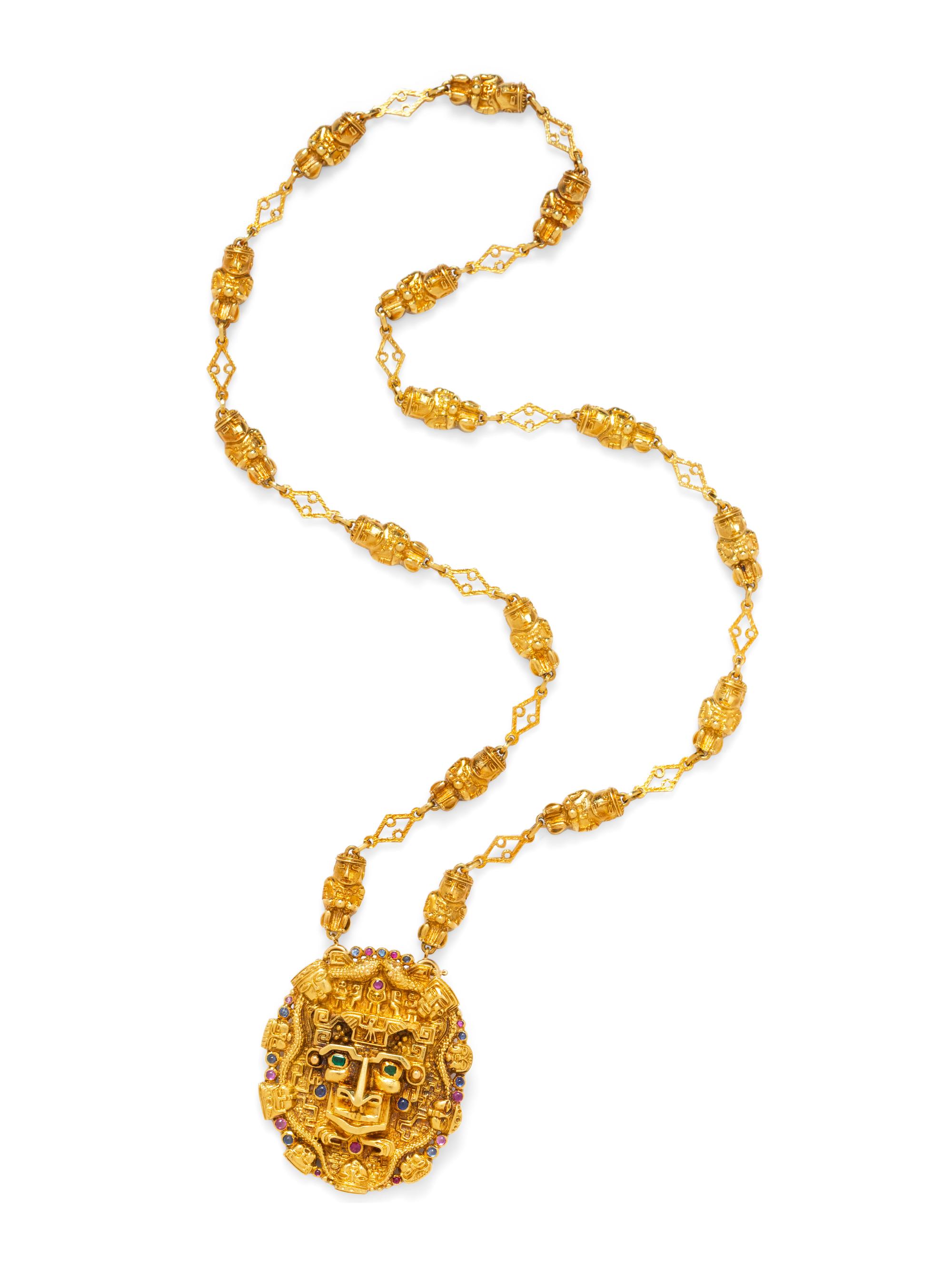 An 18 Karat Yellow Gold and Multigem Mesoamerican Motif Pendant/Brooch Necklace,