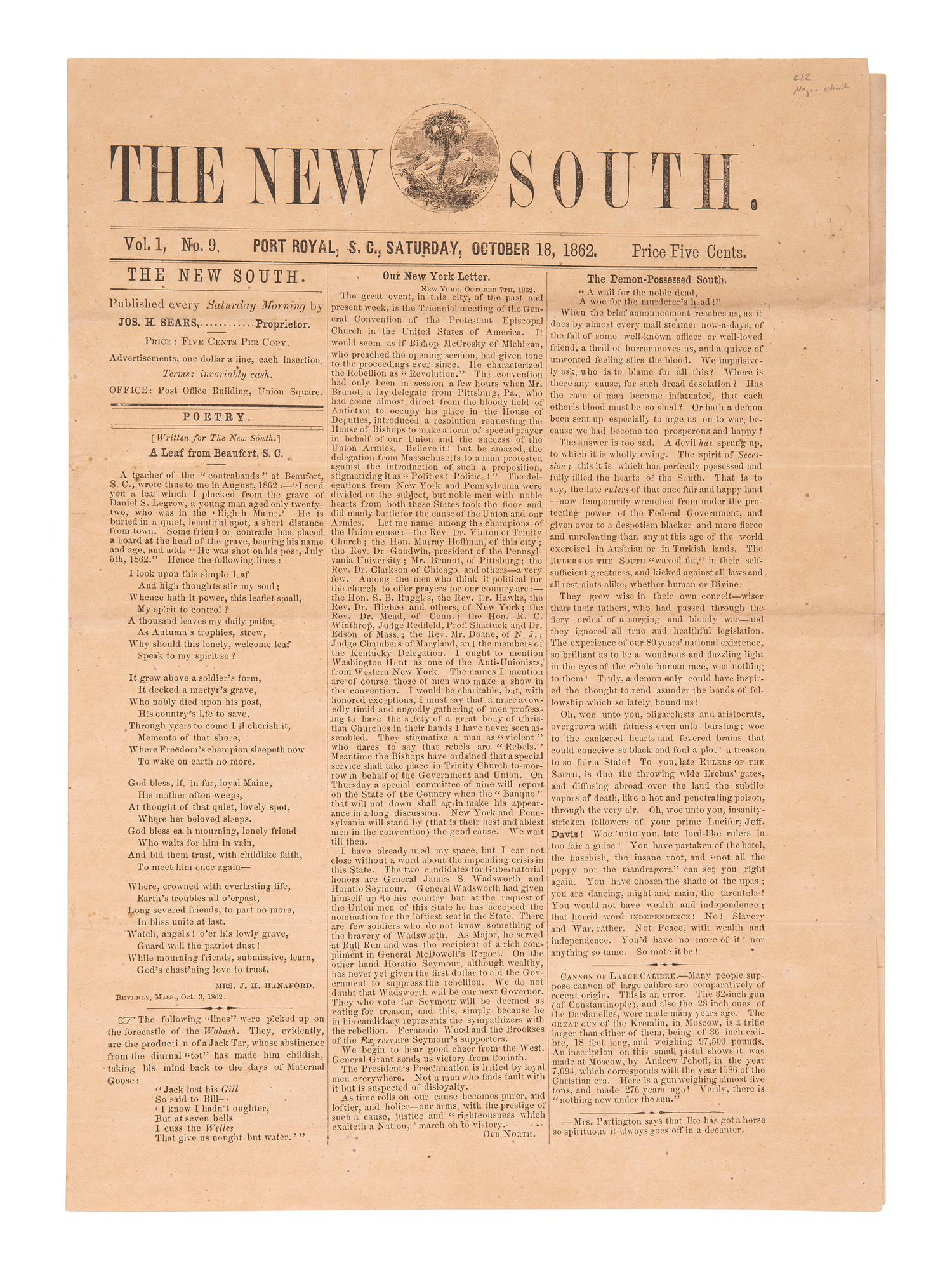 [CIVIL WAR] The New South . Oct. 1862 issue ft. coverage of Port Royal Experiment in South Carolina.