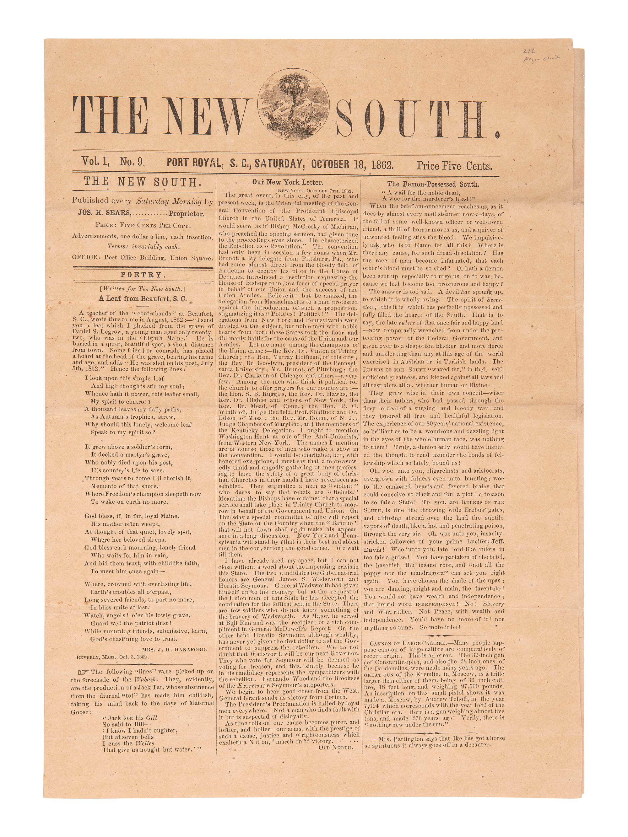 [CIVIL WAR] The New South . Oct. 1862 issue ft. coverage of Port Royal Experiment in South Carolina.