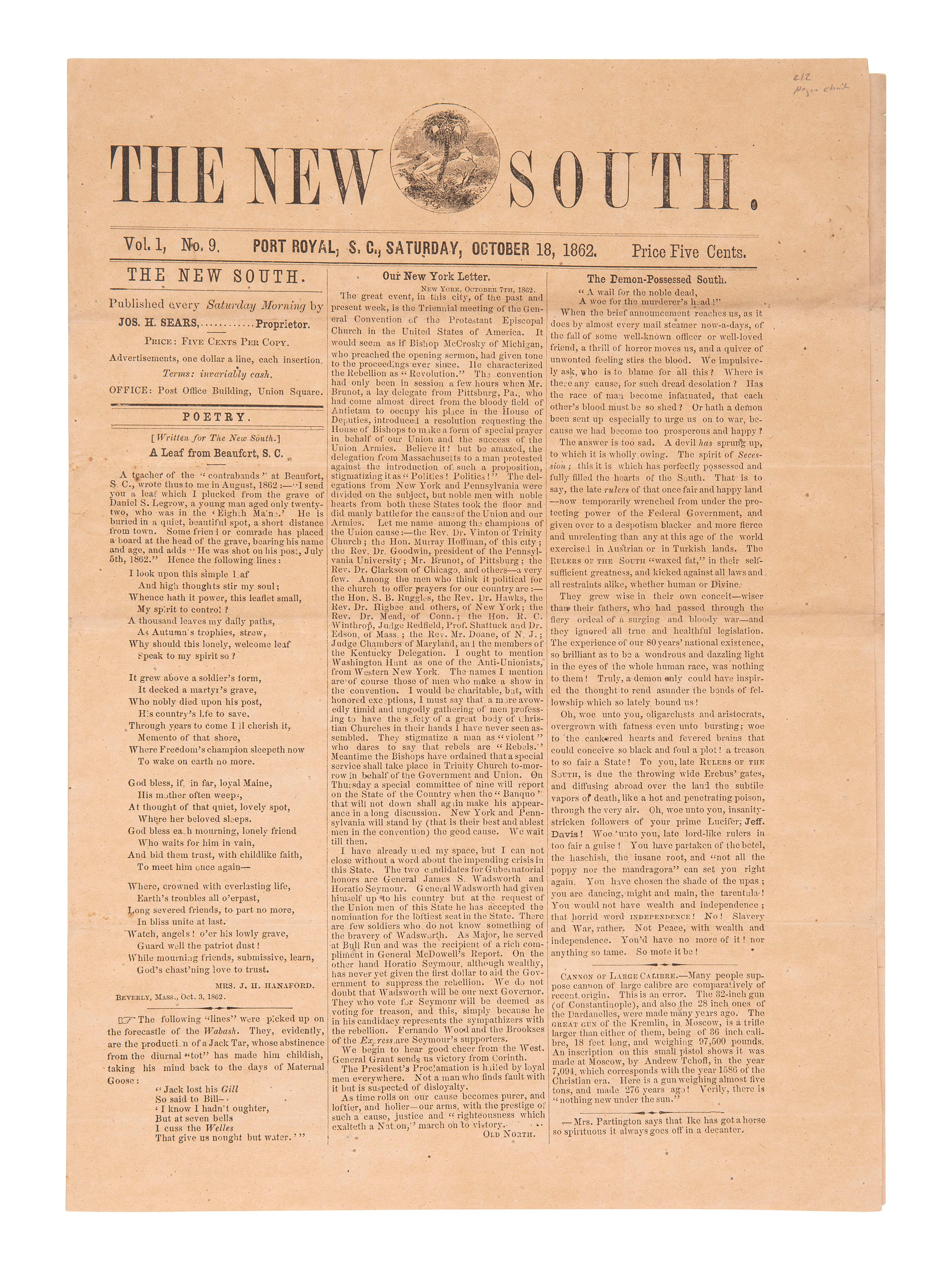 [CIVIL WAR] The New South . Oct. 1862 issue ft. coverage of Port Royal Experiment in South Carolina.