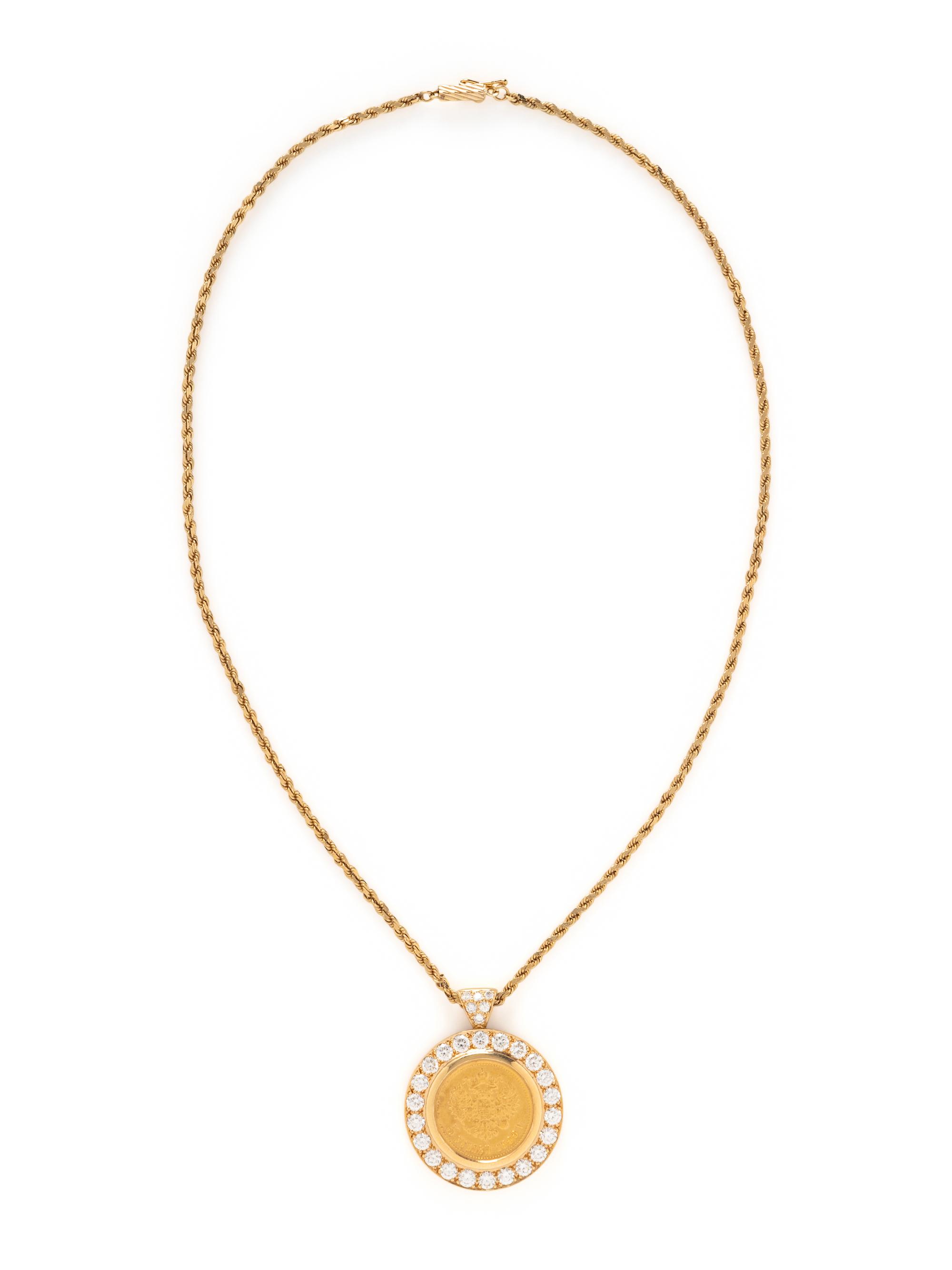 YELLOW GOLD AND DIAMOND COIN PENDANT NECKLACE