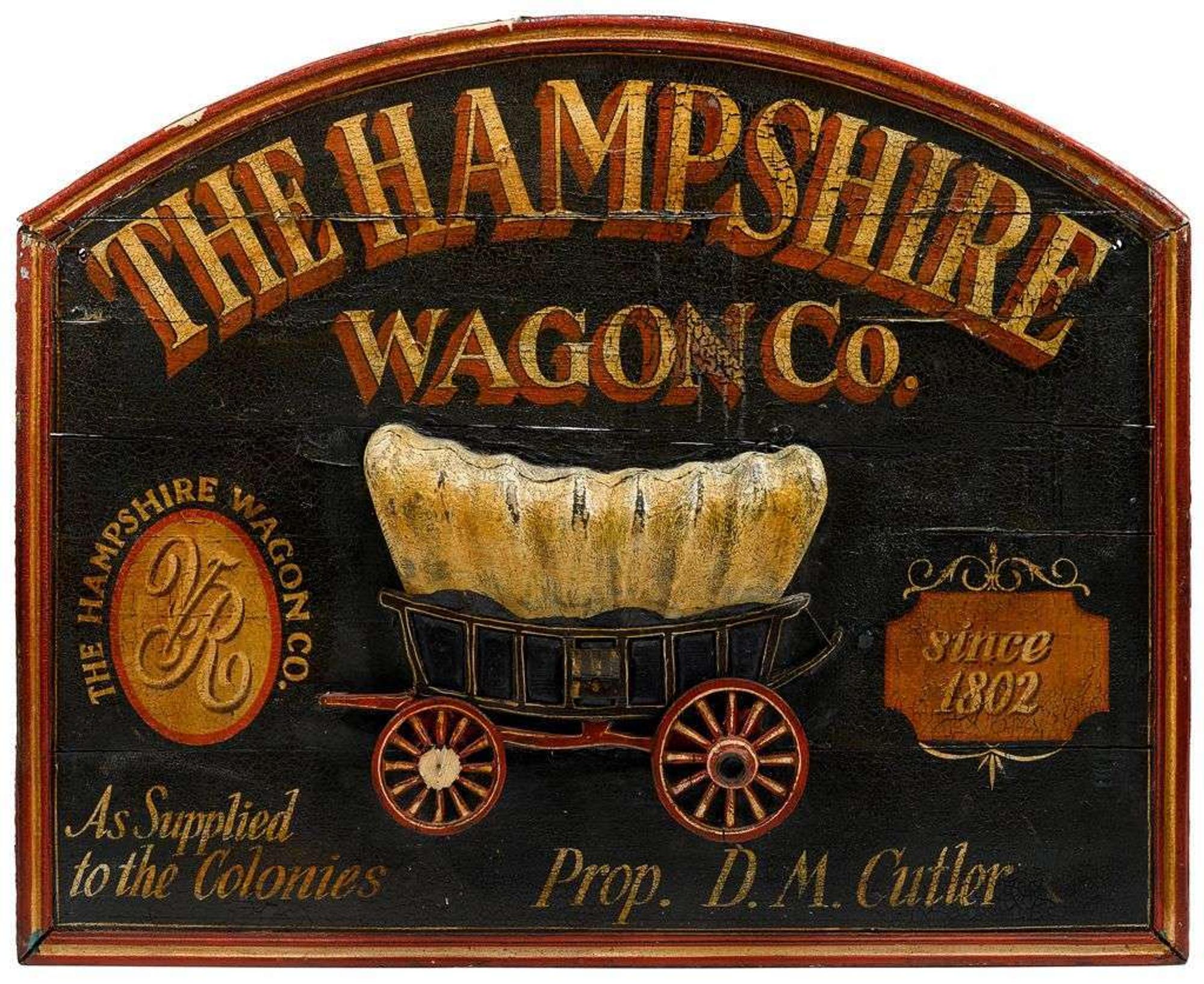 Carved and painted "Hampshire Wagon Co." trade sign
