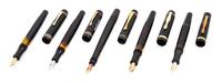 A Group of Five Vintage Montblanc Fountain Pens Length of longest 4 7/8 inches.