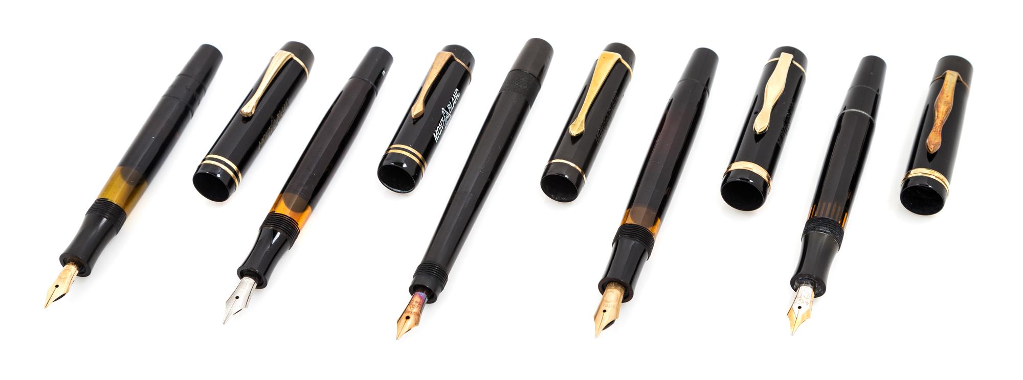 A Group of Five Vintage Montblanc Fountain Pens Length of longest 4 7/8 inches.