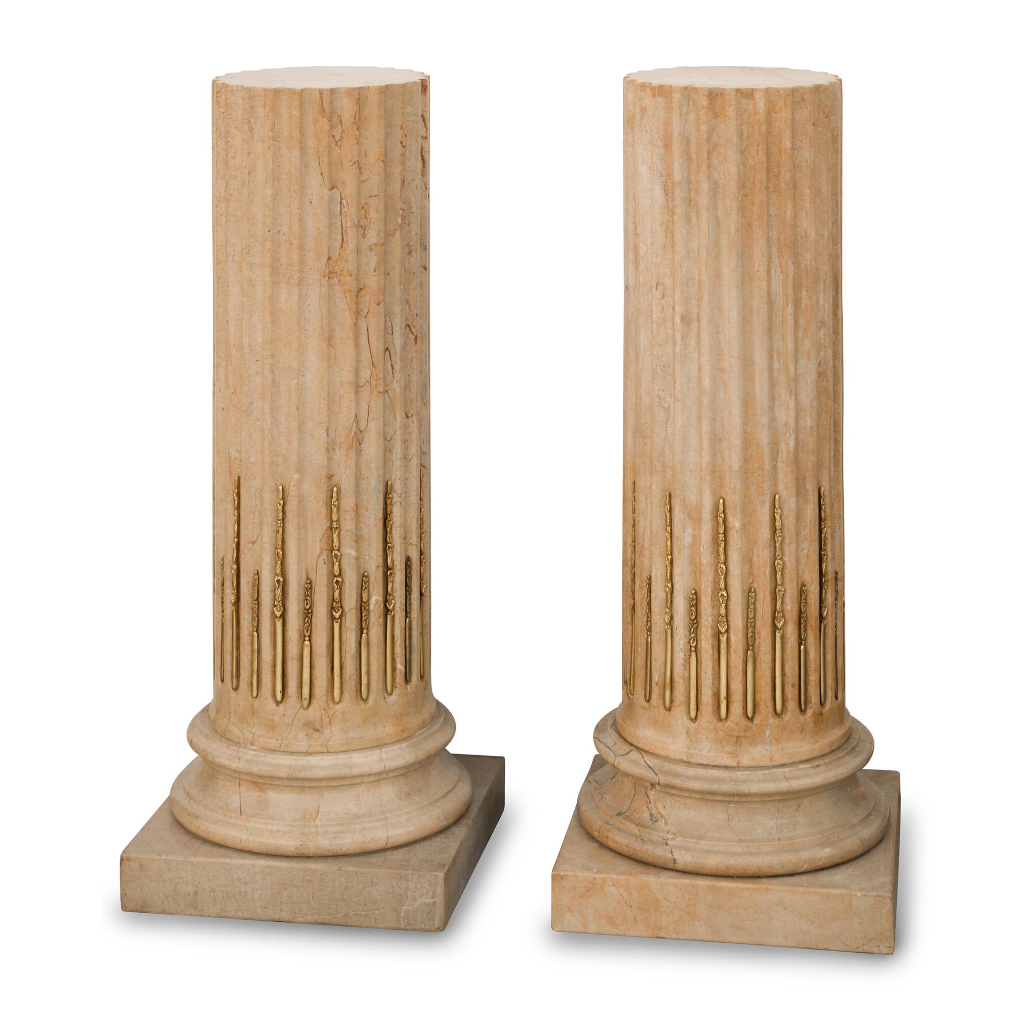 A Pair of Gilt Bronze Mounted Fluted Marble Pedestals