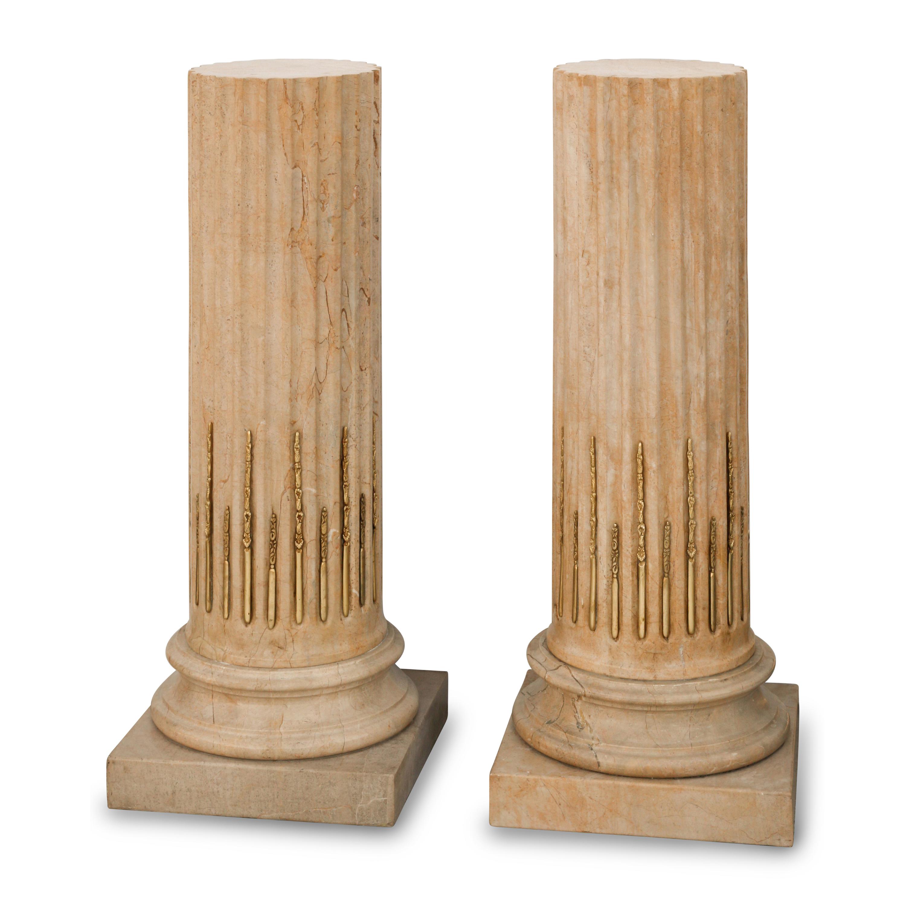 A Pair of Gilt Bronze Mounted Fluted Marble Pedestals