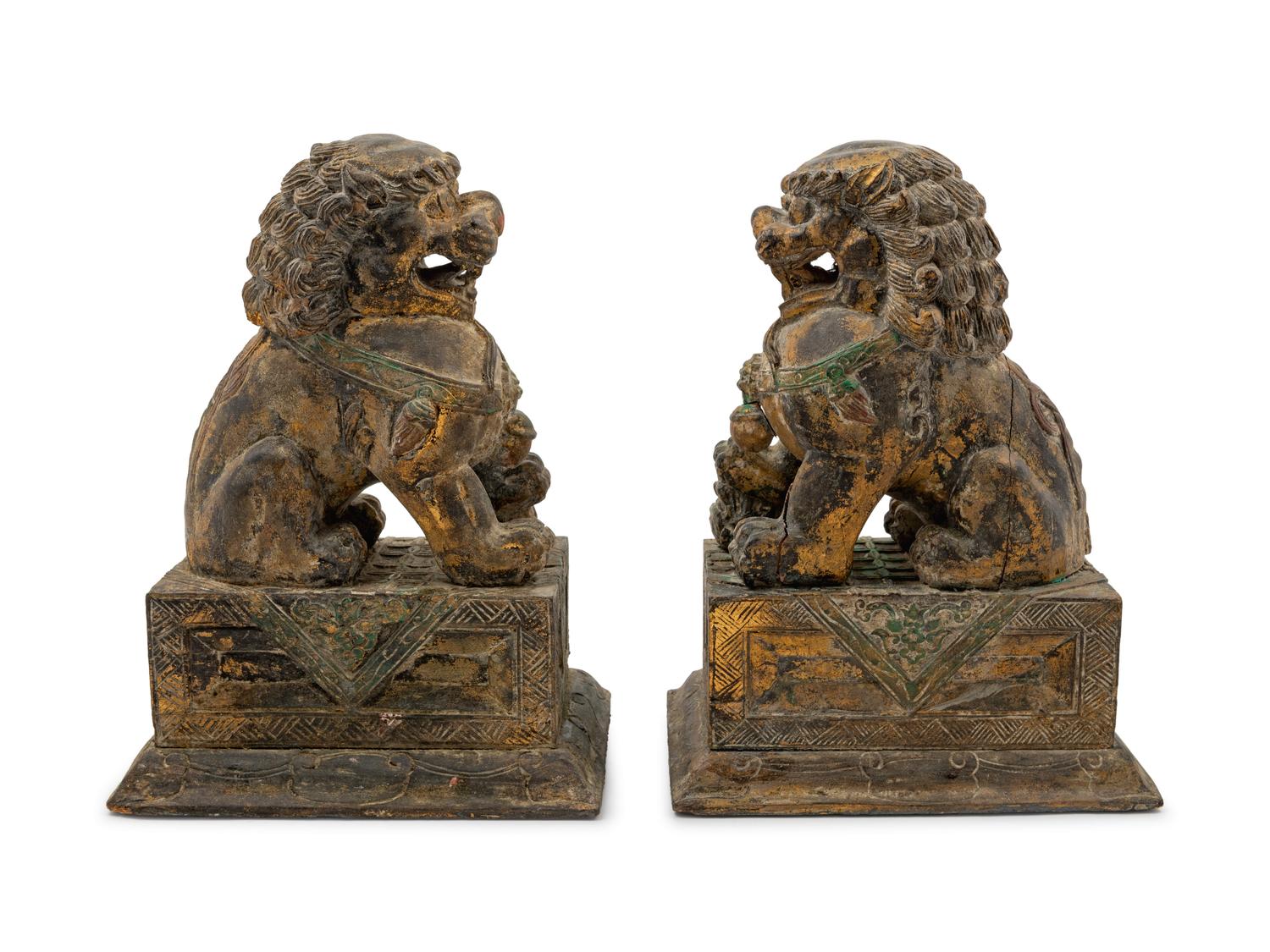 A Pair of Carved Wood Fu Lions