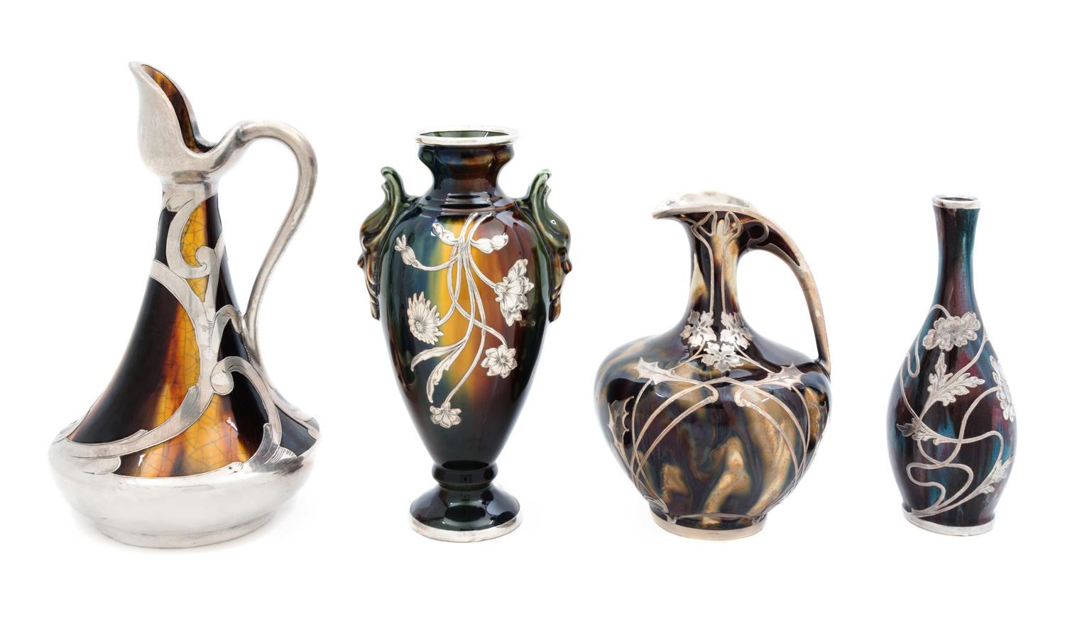 Four Silver Overlay Ceramic Articles Height of tallest 8 1/2 inches.