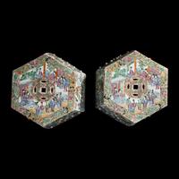 A Pair of Chinese Canton Famille Rose Porcelain Hexagonal Garden Stools, 19th Century — 清晚期 廣彩人物故事圖六方瓷坐墩