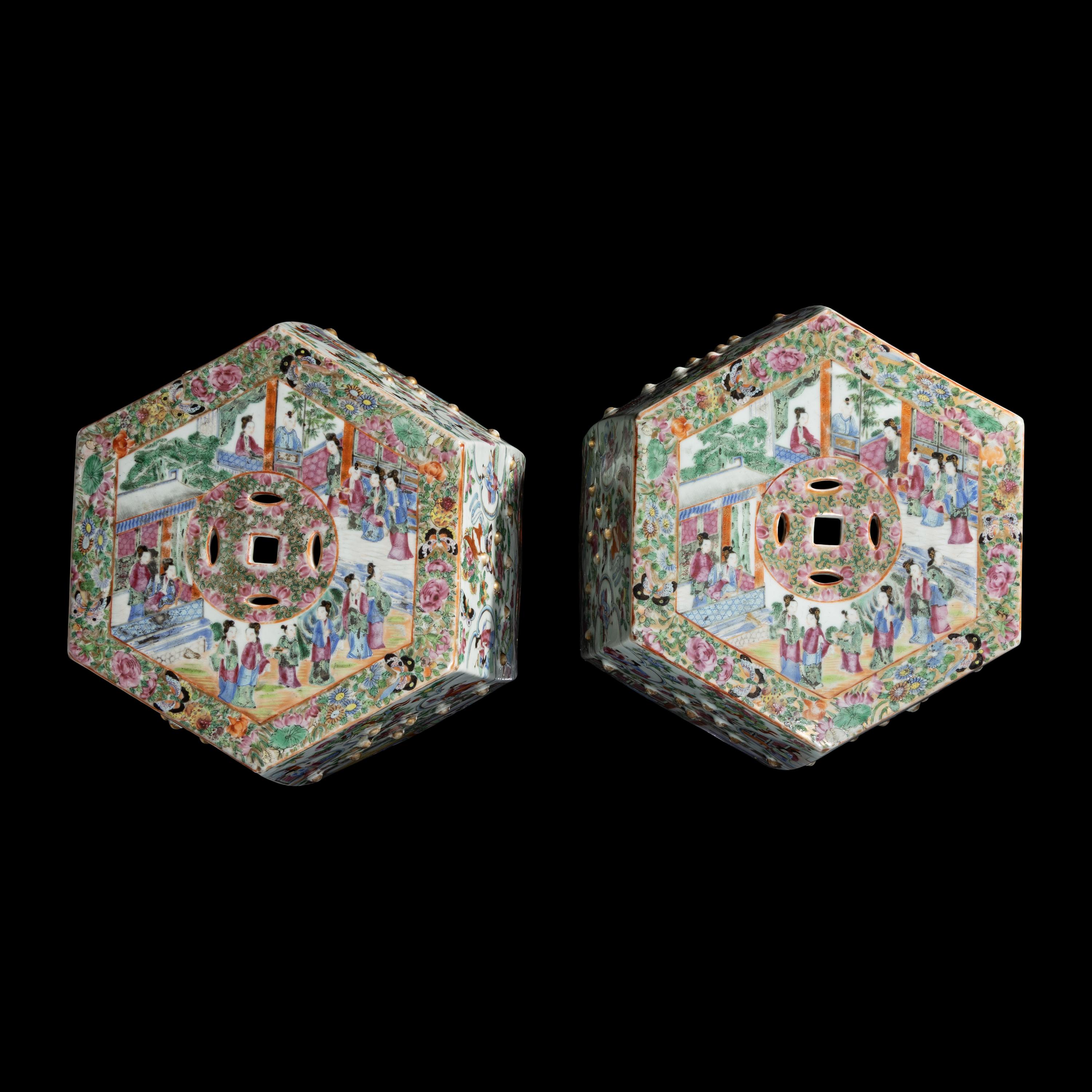 A Pair of Chinese Canton Famille Rose Porcelain Hexagonal Garden Stools, 19th Century — 清晚期 廣彩人物故事圖六方瓷坐墩