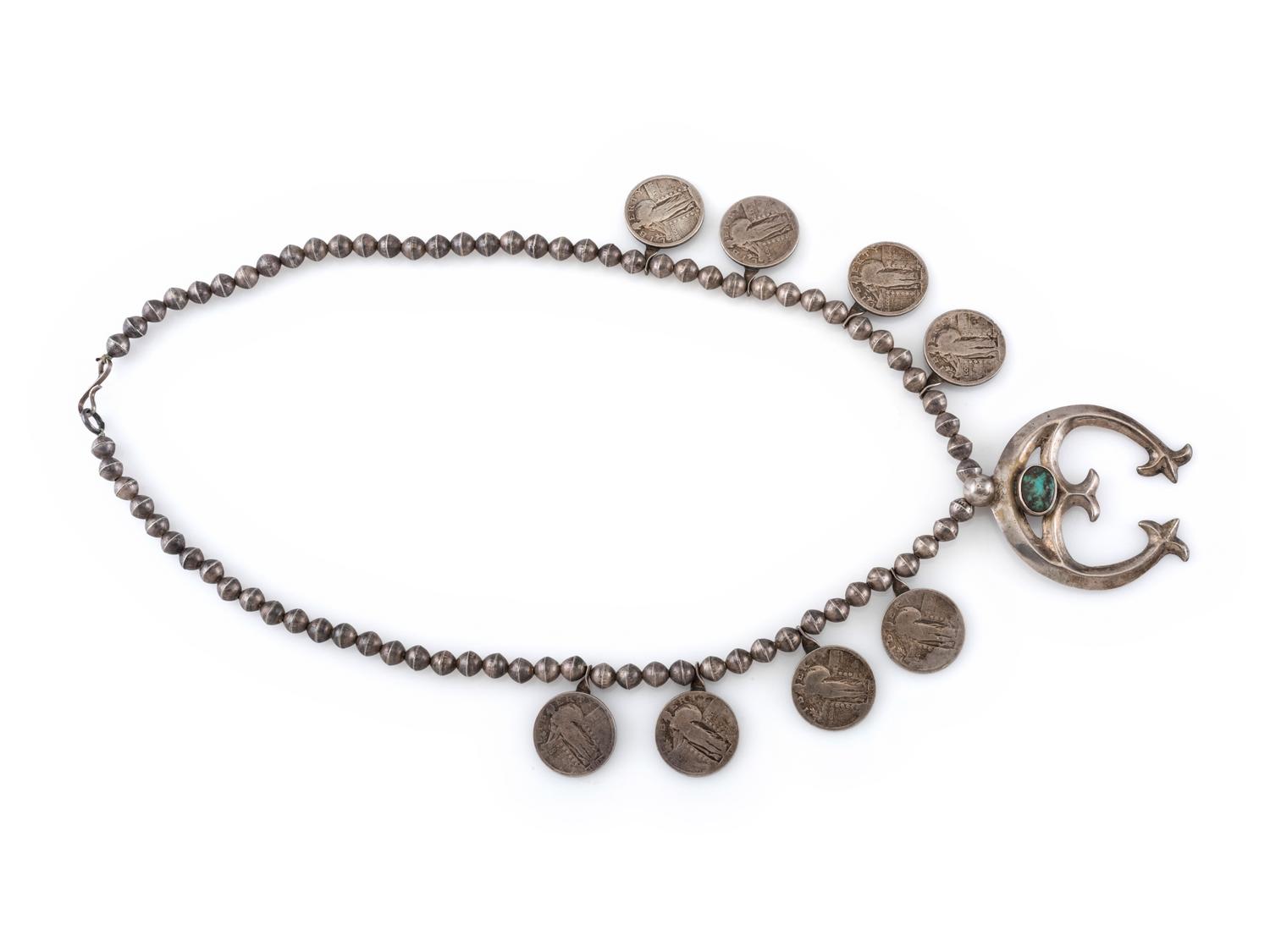 Navajo Silver, Coin, and Turquoise Squash Blossom Necklace
