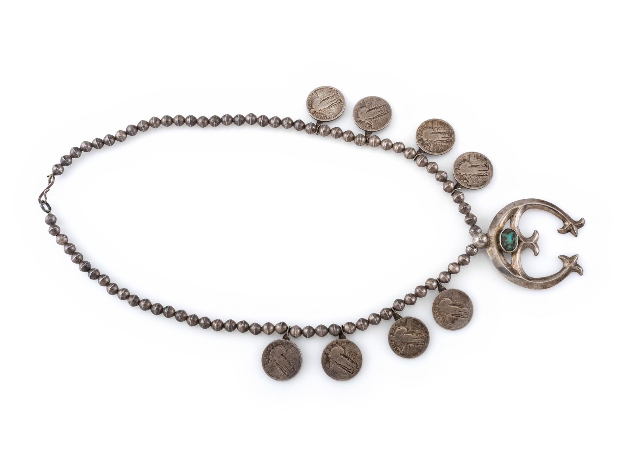 Navajo Silver, Coin, and Turquoise Squash Blossom Necklace