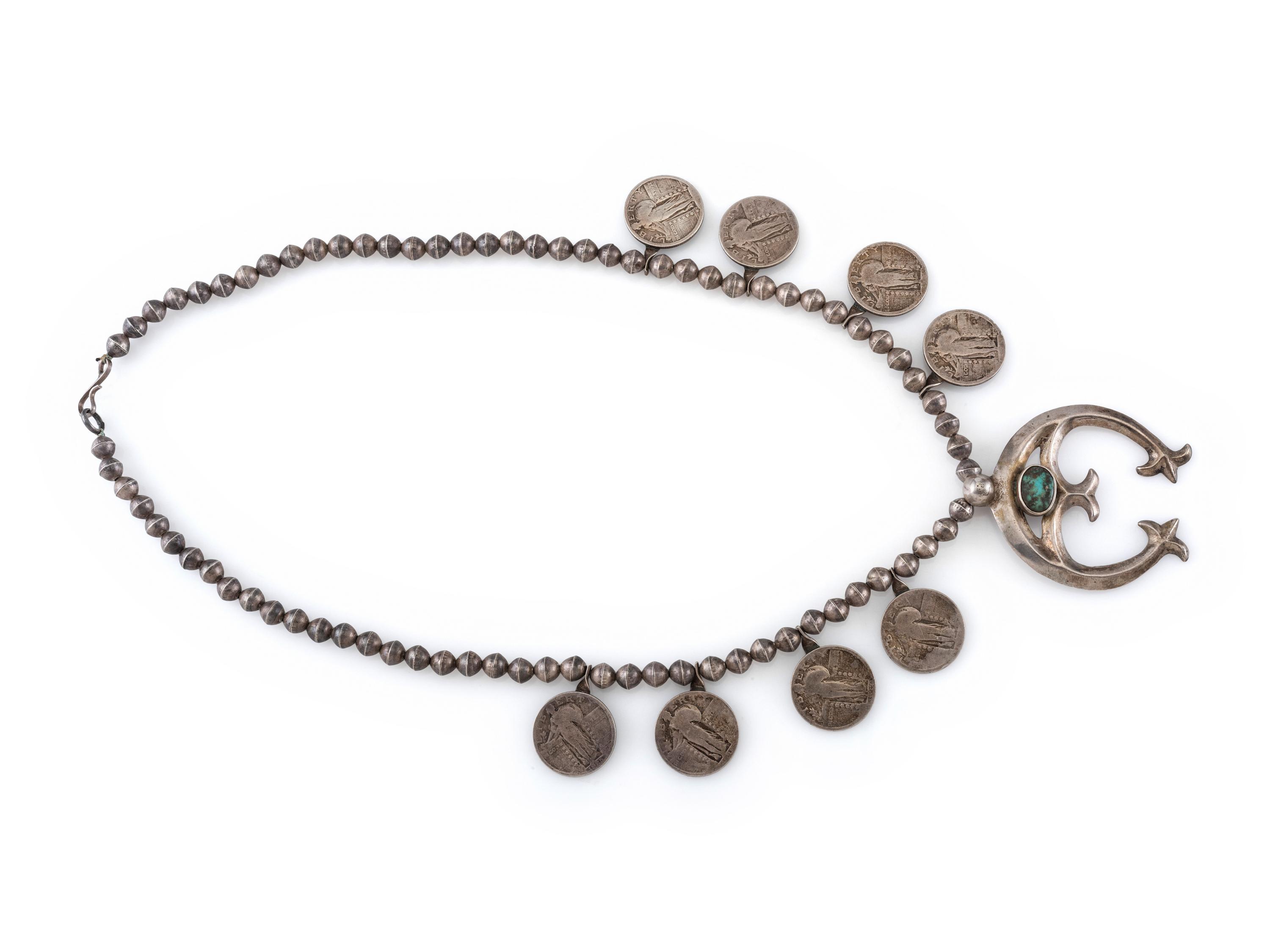 Navajo Silver, Coin, and Turquoise Squash Blossom Necklace