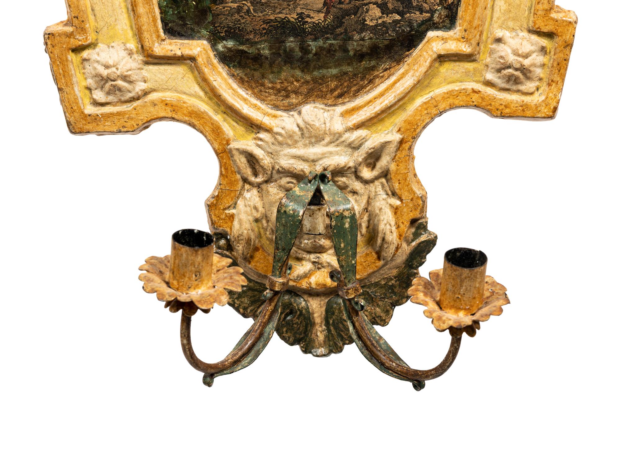 A Pair of North Italian Polychrome-Painted Two-Light Sconces