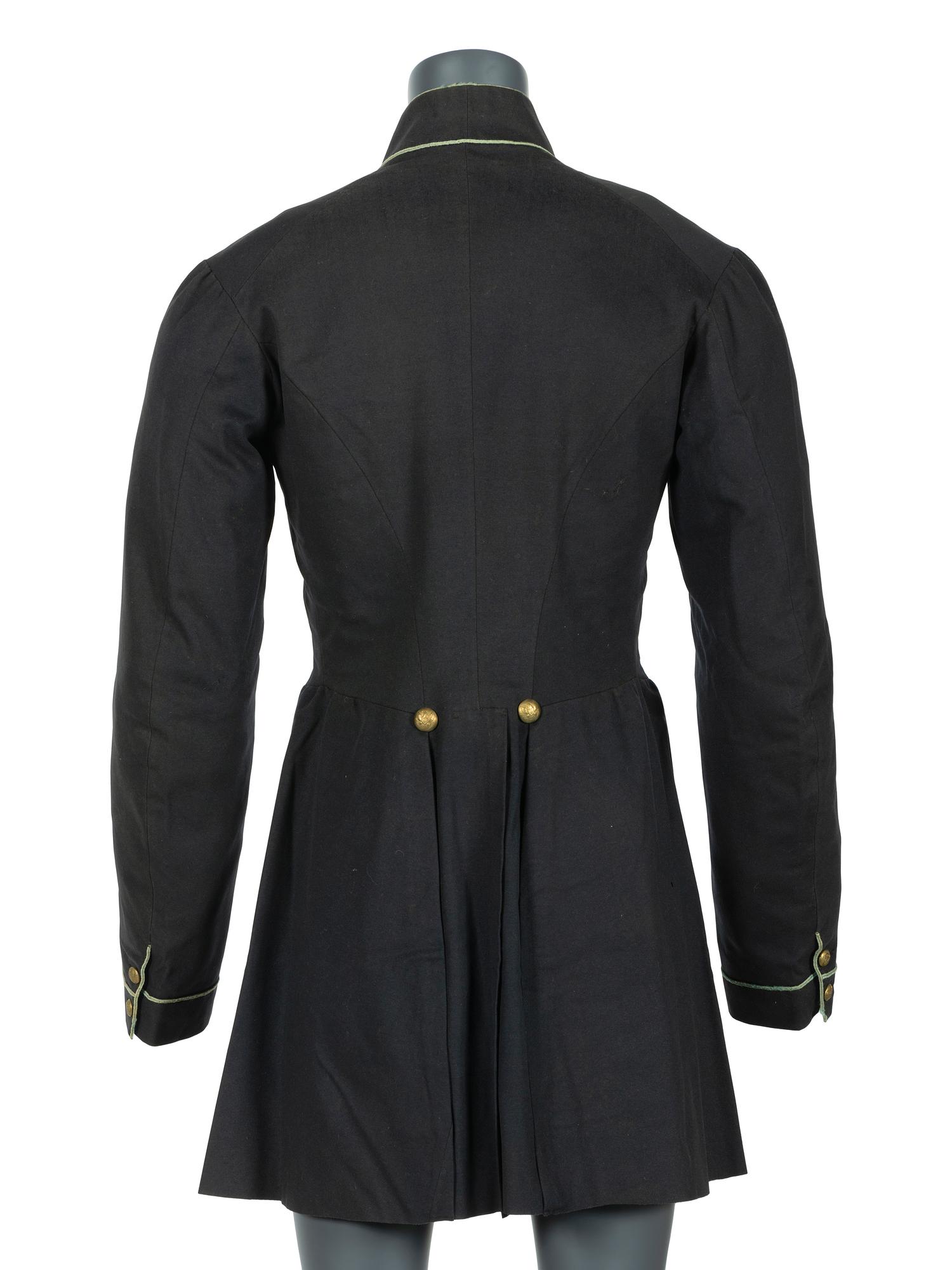 Civil War regulation Model 1858 infantry frock coat identified to Private James C. Woods, Company E, 5th Ohio Infantry.