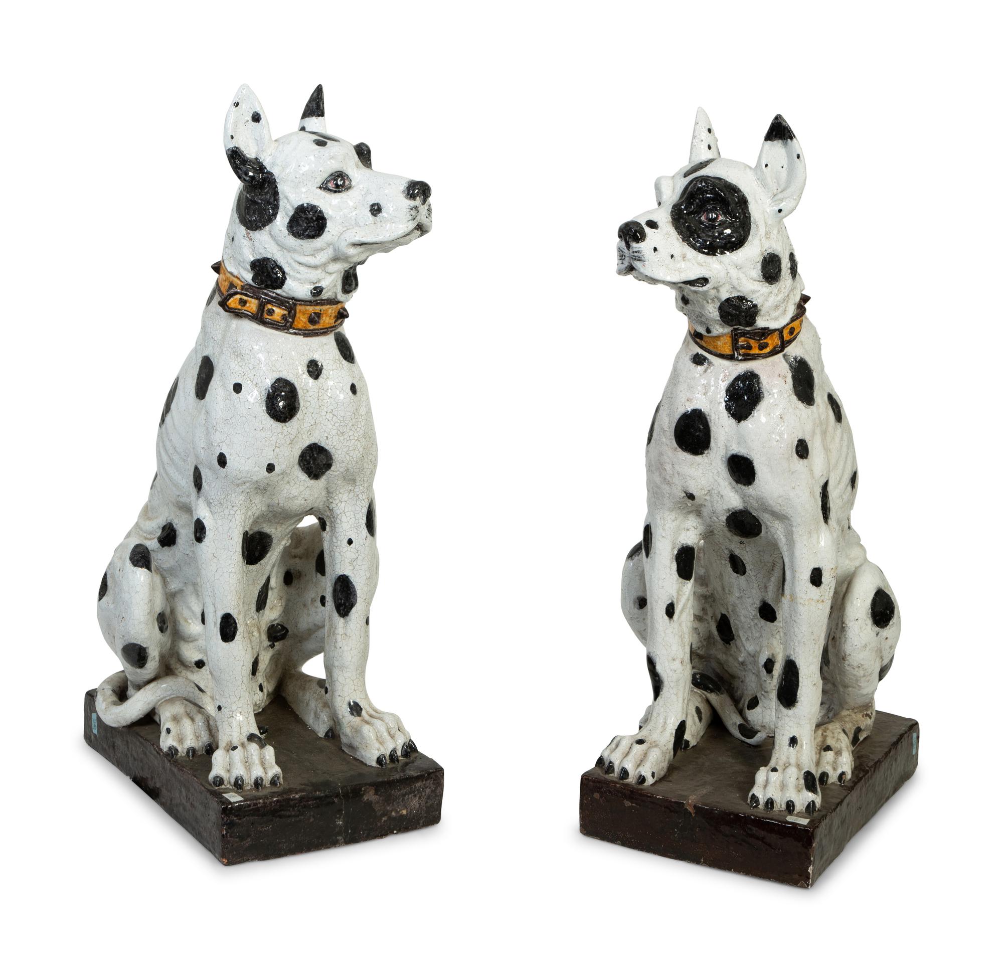 A Pair of Large Italian Glazed Terracotta Seated Dogs — 20TH CENTURY