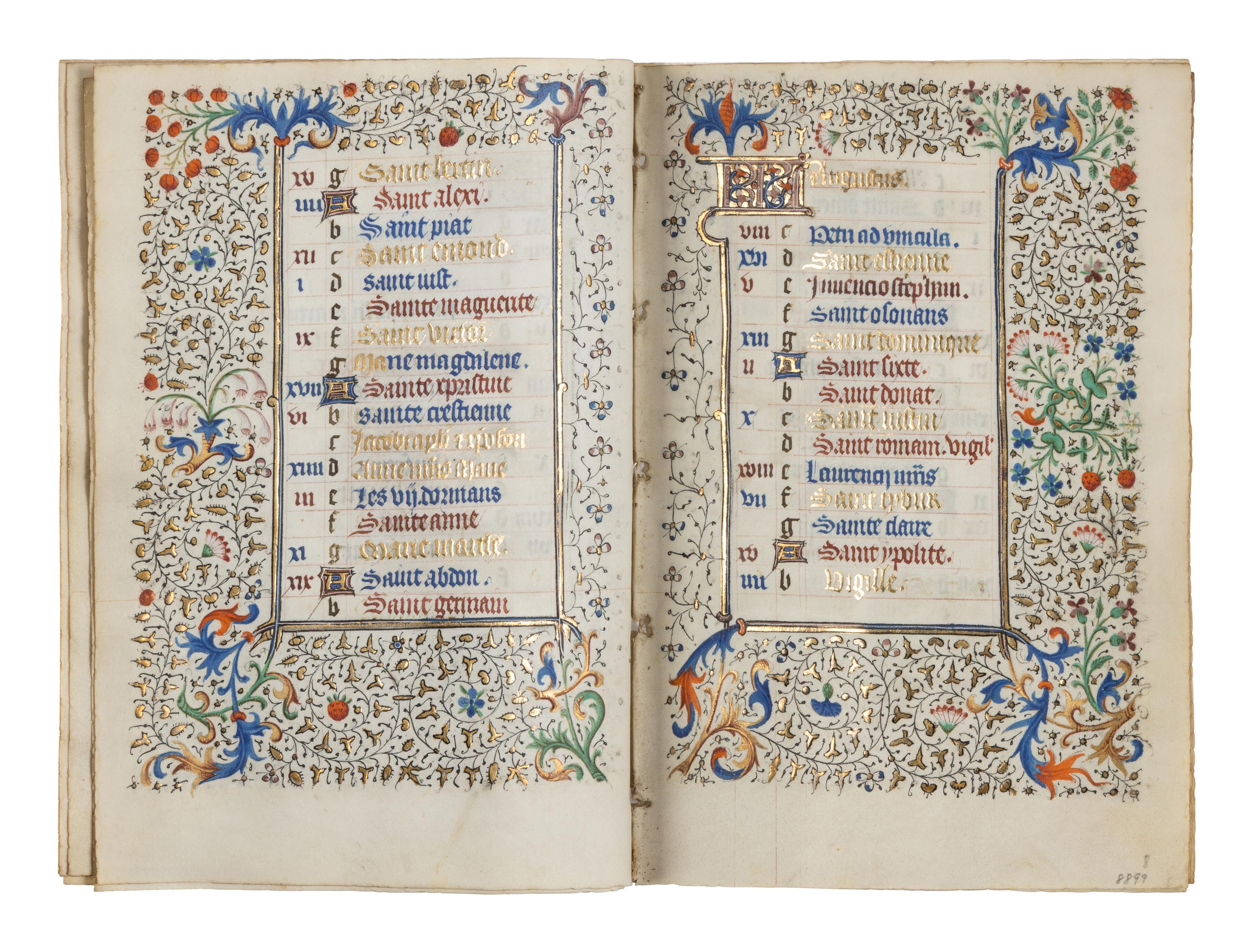 CIRCLE OF THE MASTER OF JEAN ROLIN II (active Paris, c. 1445–1465) A single quire of twelve leaves from a Book of Hours, calendar, in French, illuminated manuscript on parchment [France, Paris, c. 1450]