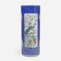 A Chinese powder-blue ground umbrella vase 洒蓝地开光瓷瓶