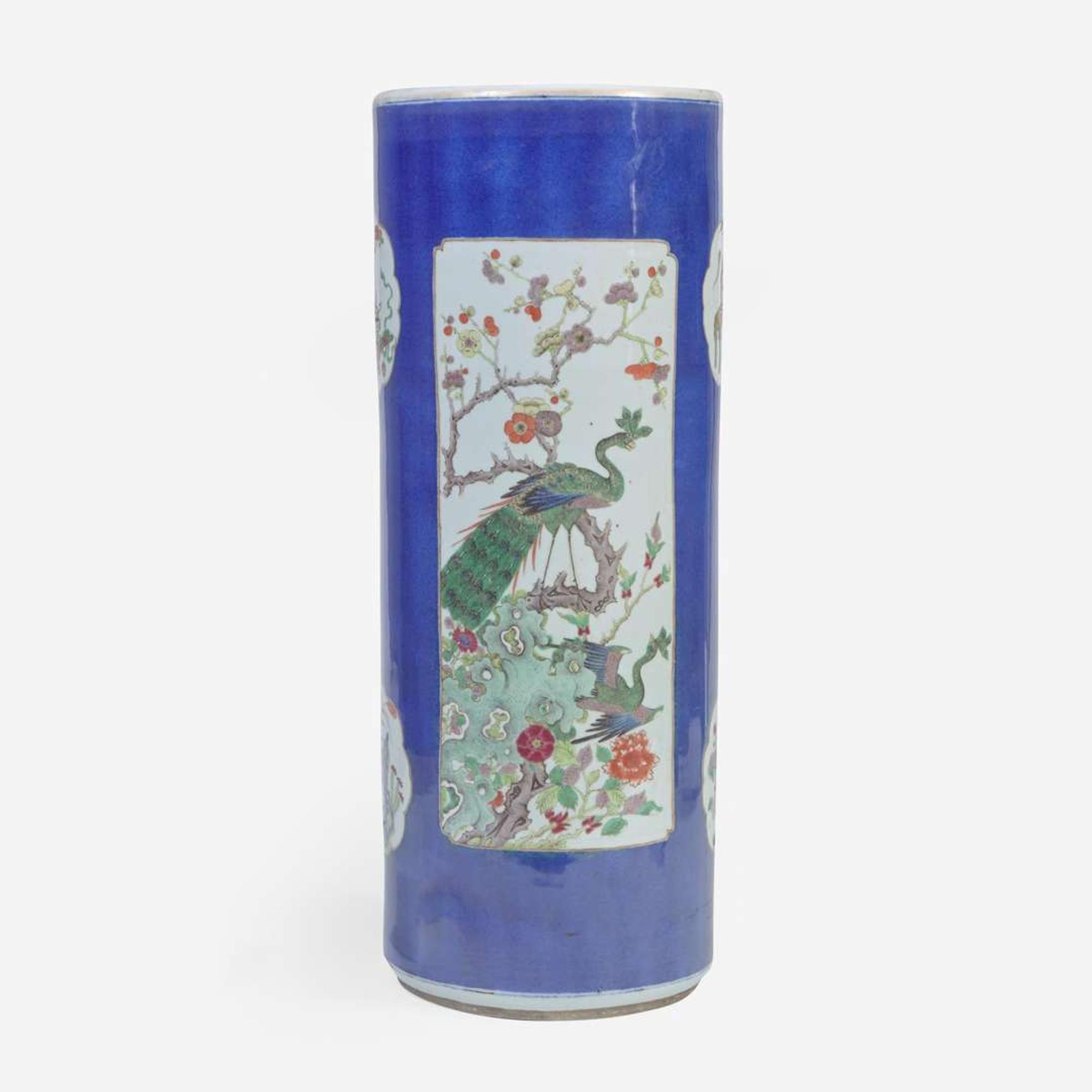 A Chinese powder-blue ground umbrella vase 洒蓝地开光瓷瓶