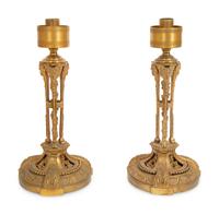 A Pair of French Gilt Bronze Tripartite Candlesticks