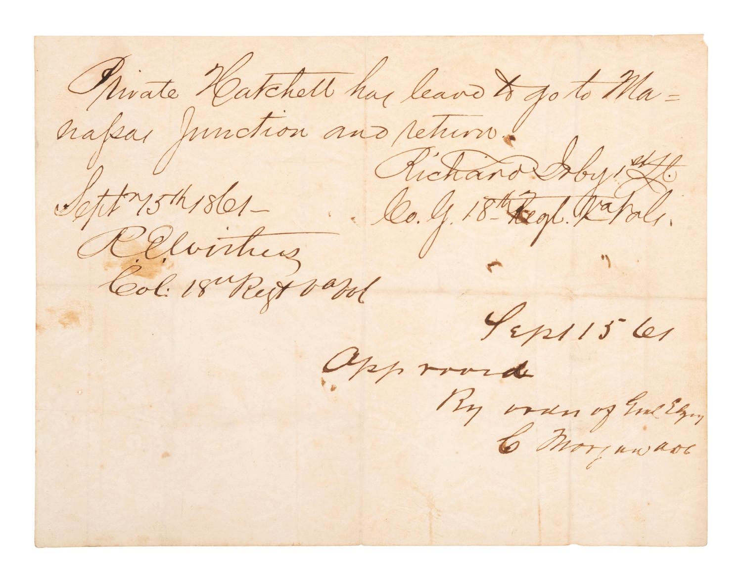 [CIVIL WAR]. Manuscript Confederate pass "to go to Manassas Junction and return." Signed by Richard Irby as 1st lieutenant, 15 September 1861.