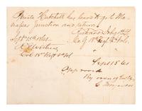 [CIVIL WAR]. Manuscript Confederate pass "to go to Manassas Junction and return." Signed by Richard Irby as 1st lieutenant, 15 September 1861.
