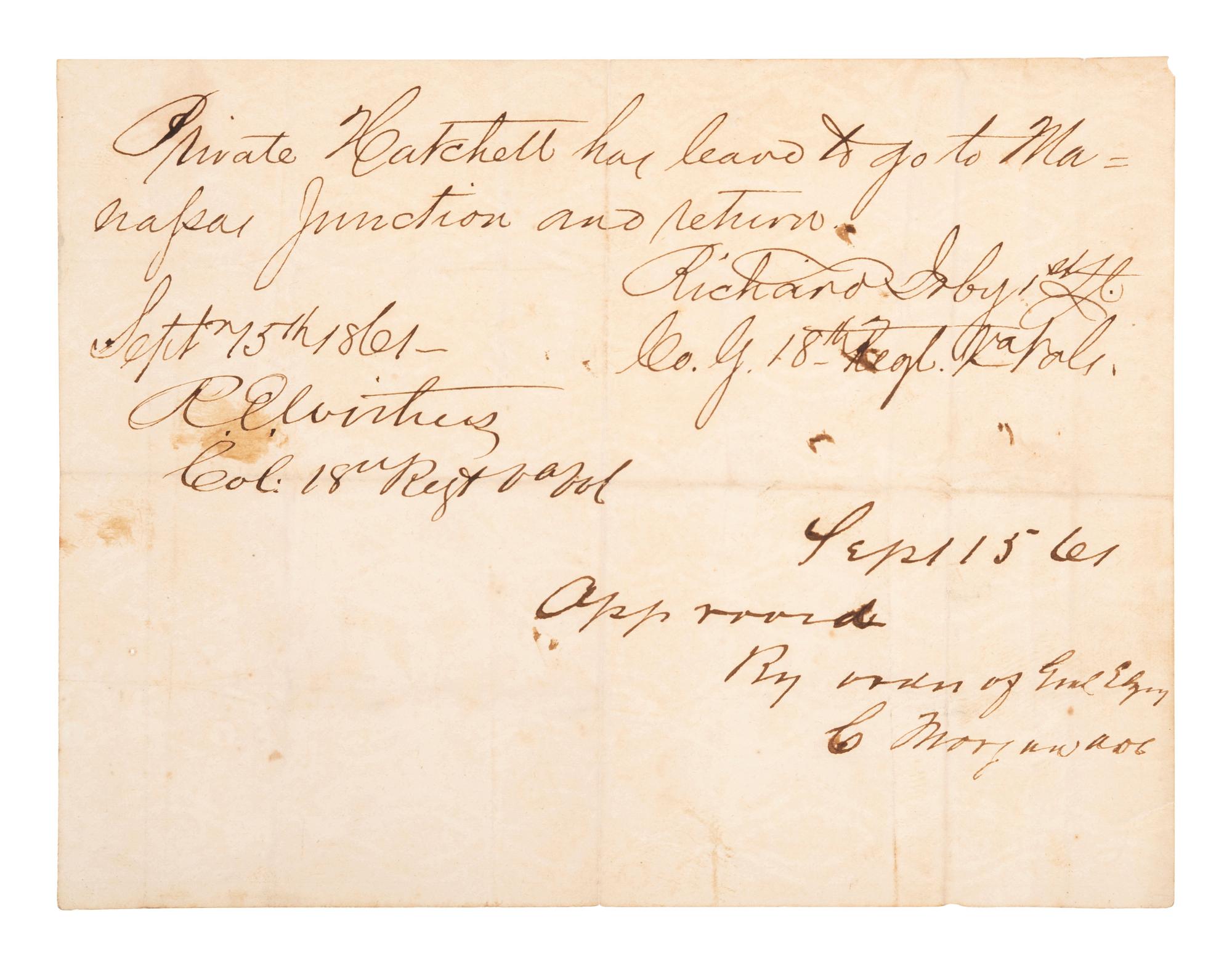 [CIVIL WAR]. Manuscript Confederate pass "to go to Manassas Junction and return." Signed by Richard Irby as 1st lieutenant, 15 September 1861.