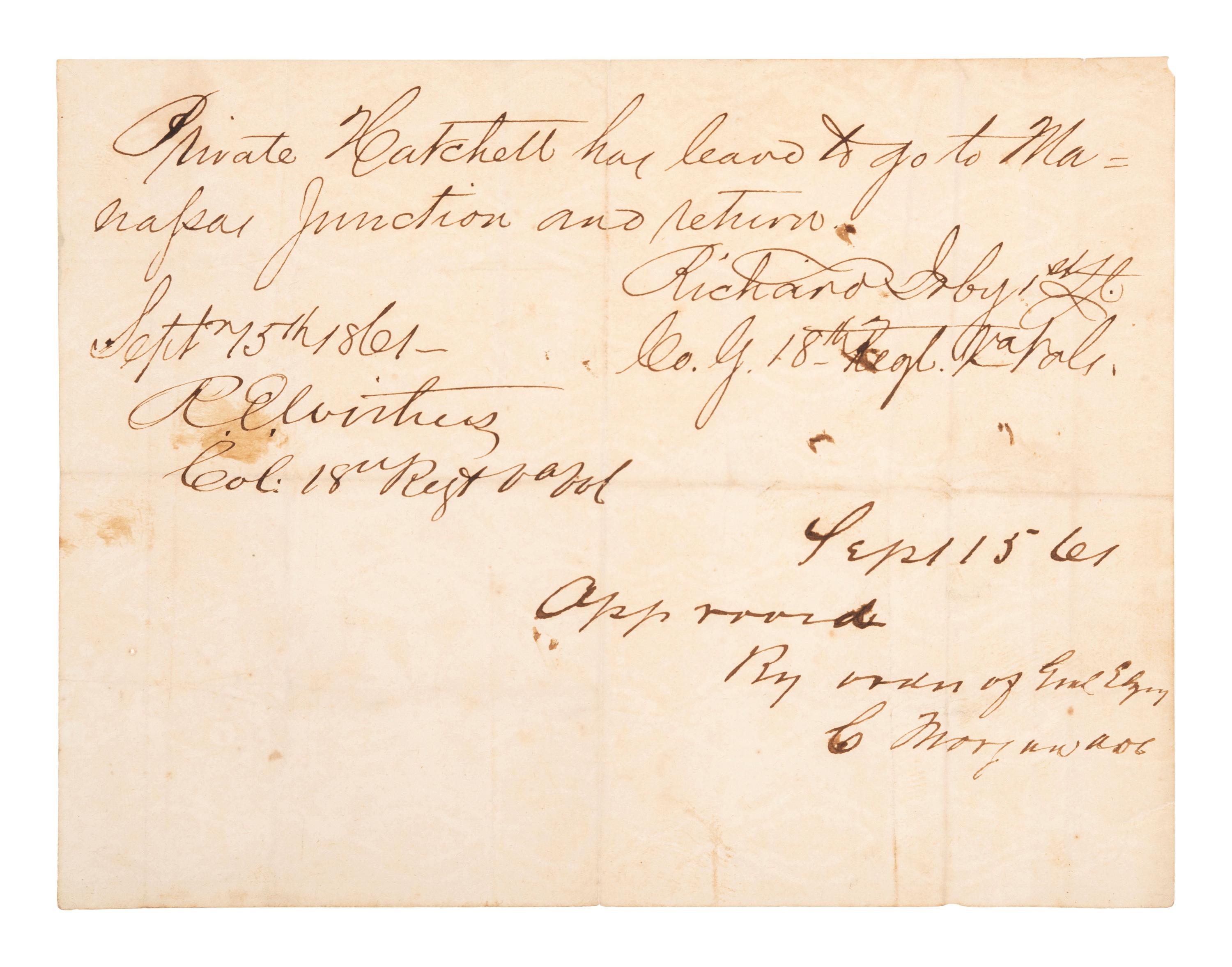 [CIVIL WAR]. Manuscript Confederate pass "to go to Manassas Junction and return." Signed by Richard Irby as 1st lieutenant, 15 September 1861.