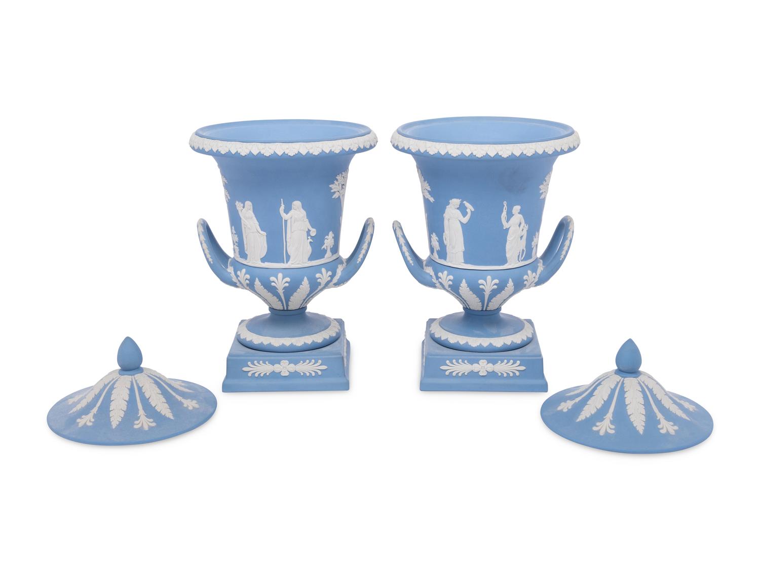 A Pair of Wedgwood Jasperware Covered Urns