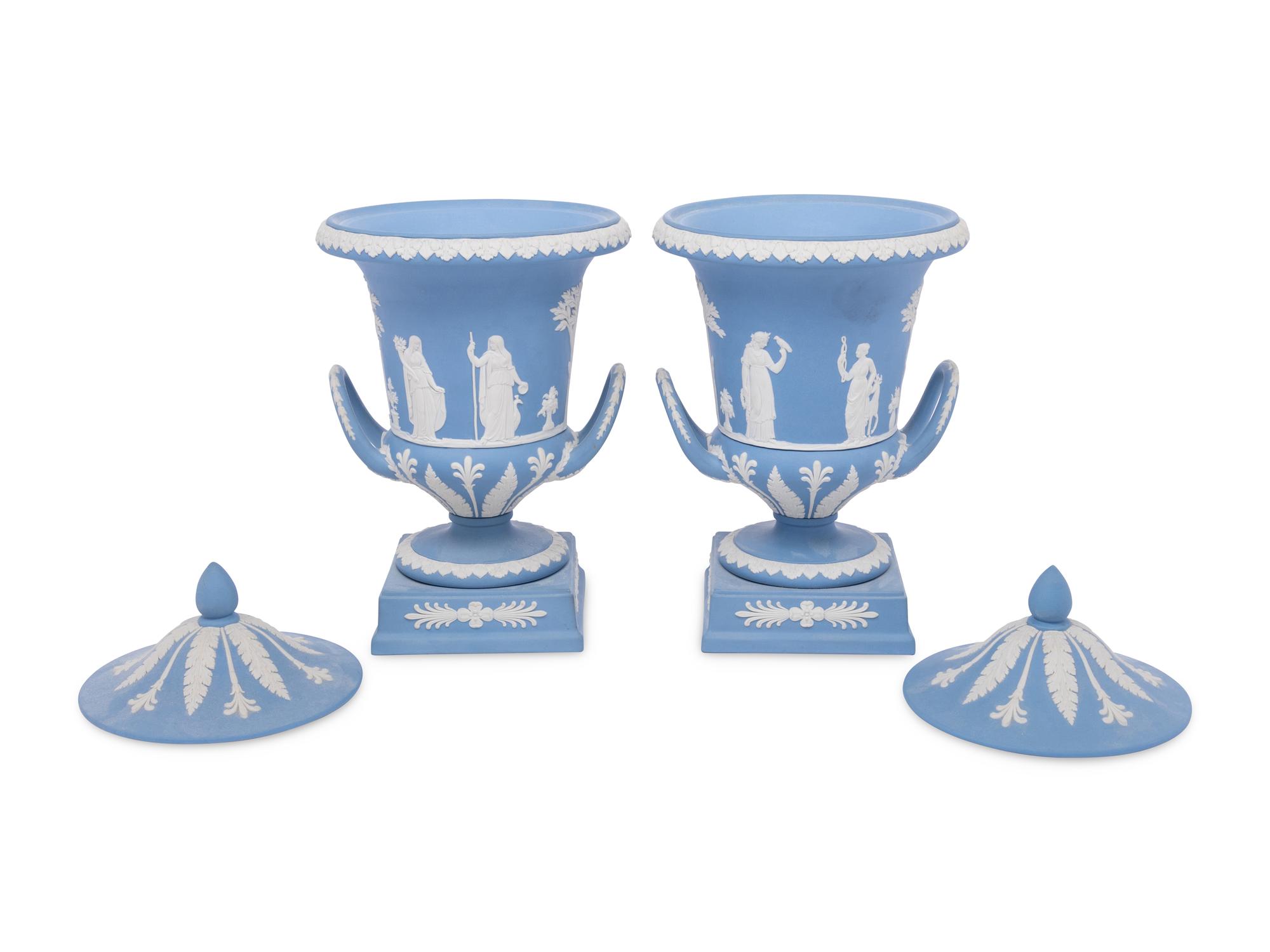 A Pair of Wedgwood Jasperware Covered Urns