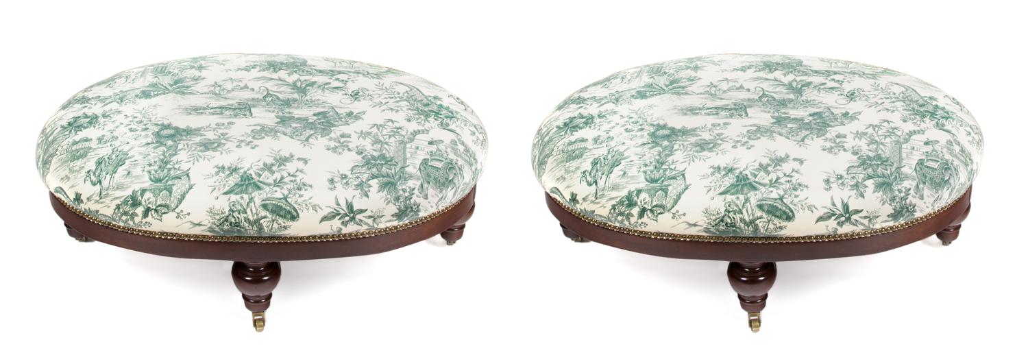 Two Victorian Mahogany Upholstered Oval Ottomans Height 14 x length 36 inches.