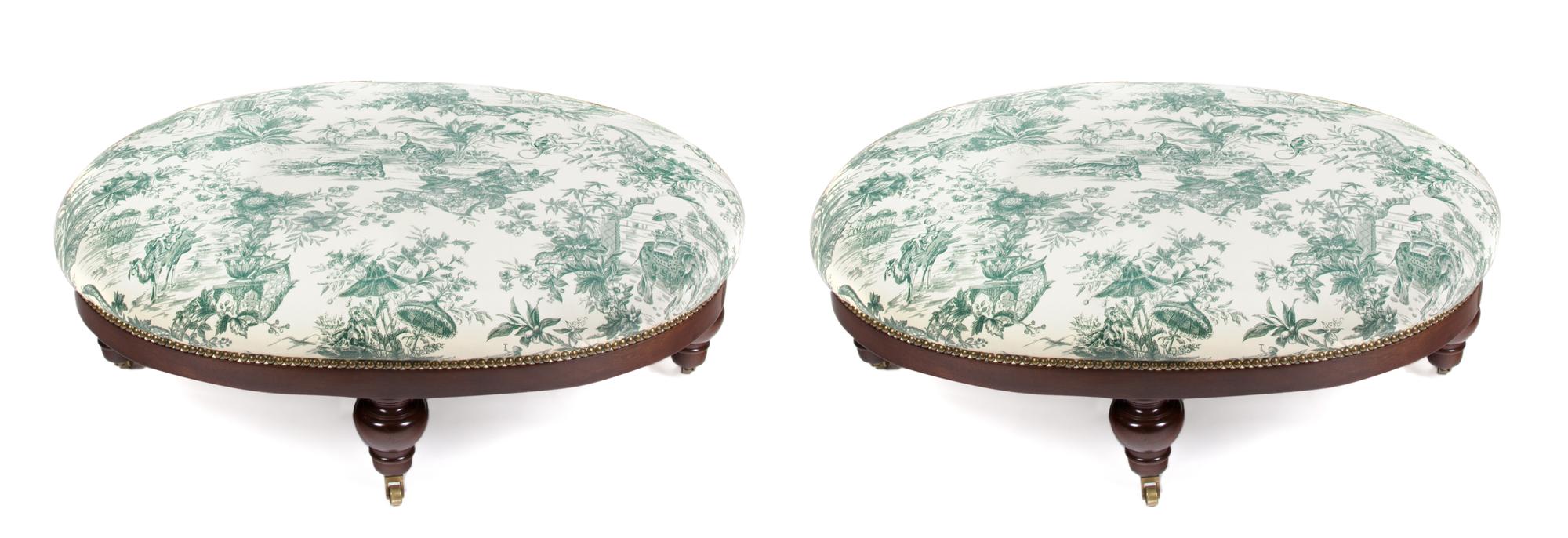 Two Victorian Mahogany Upholstered Oval Ottomans Height 14 x length 36 inches.