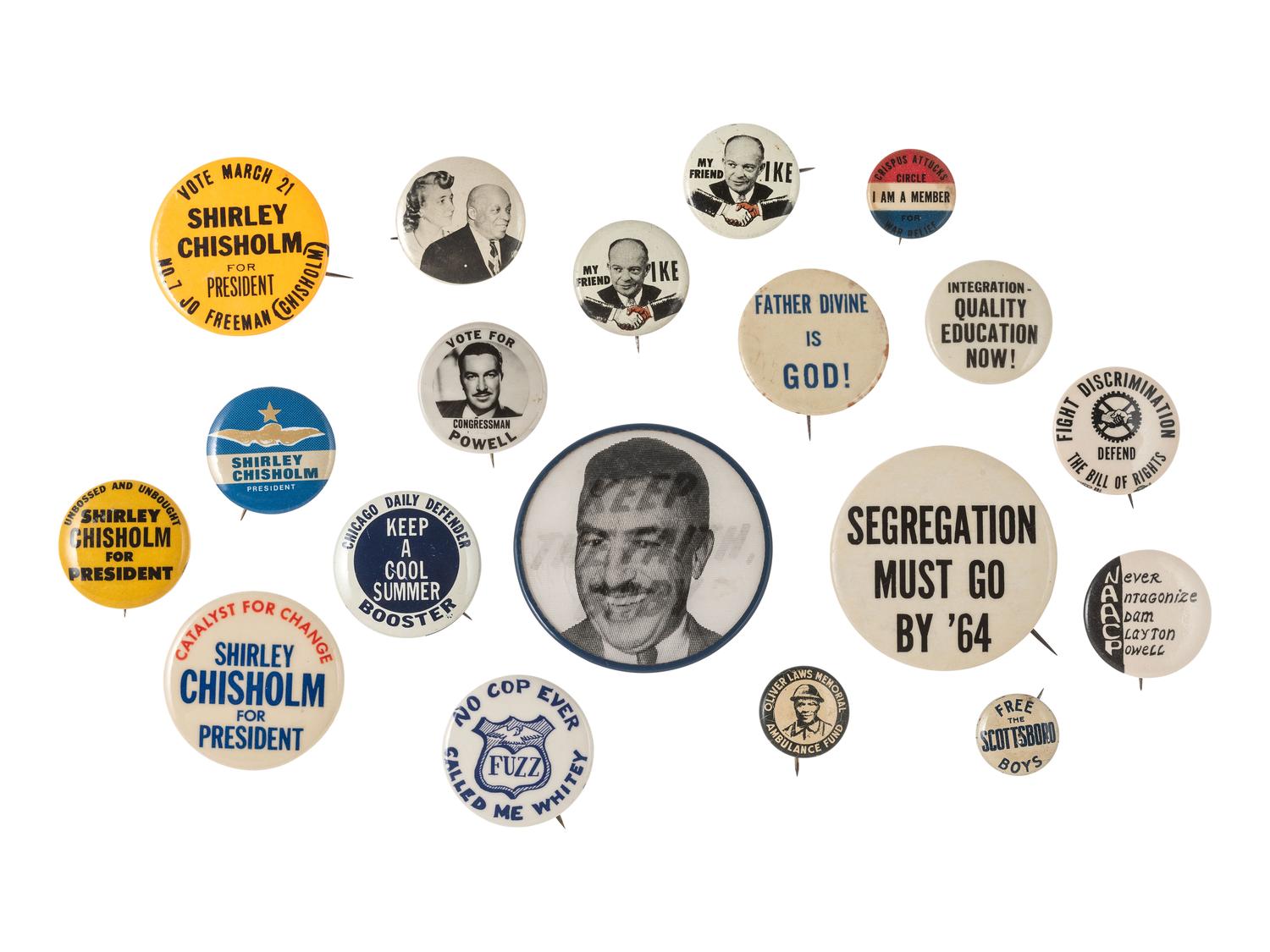 [CIVIL RIGHTS]. A group of 17 pinbacks mostly related to religious figures, politicians, and racial injustice, incl. "Free the Scottsboro Boys."