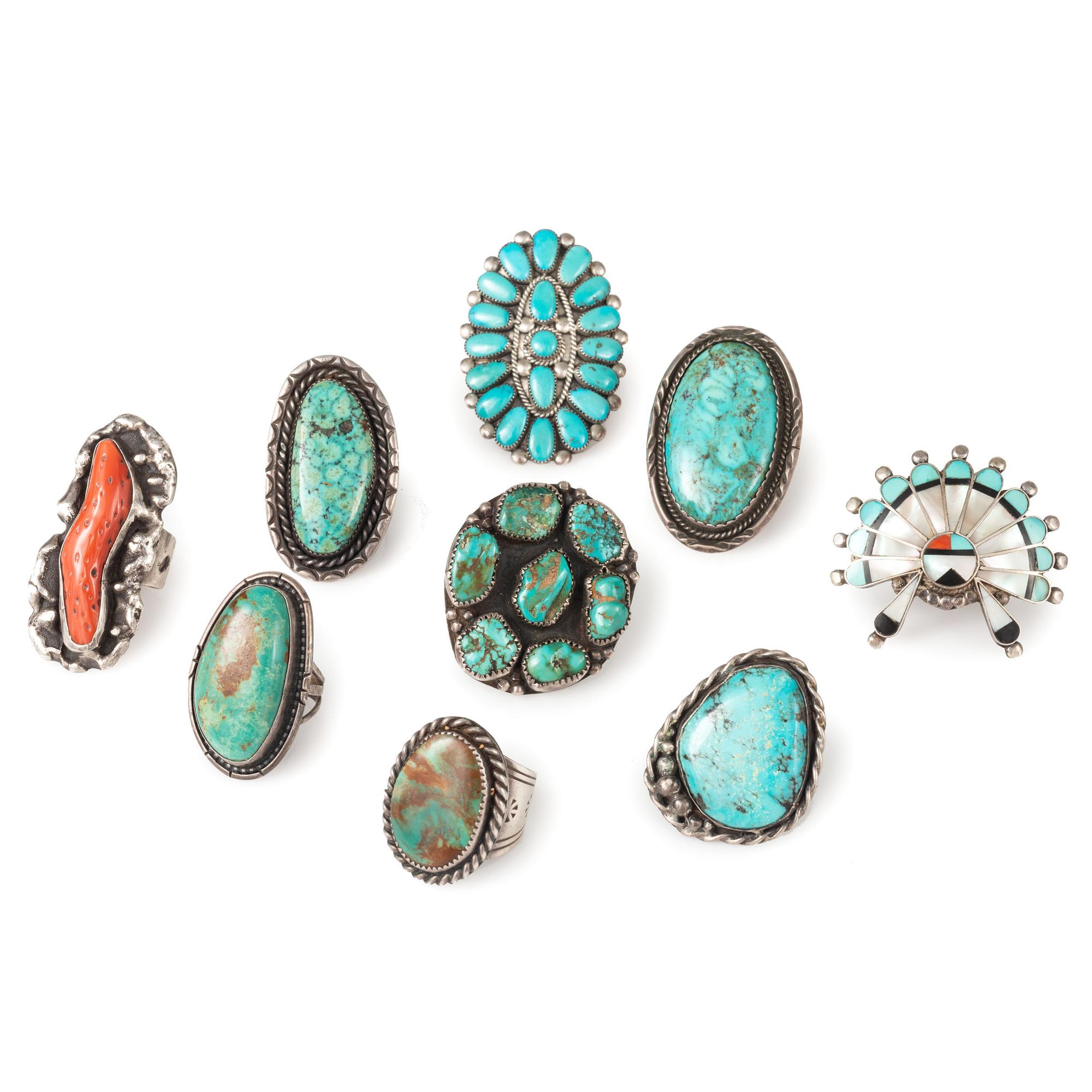 Group of Navajo and Zuni Silver Rings, with Inlay