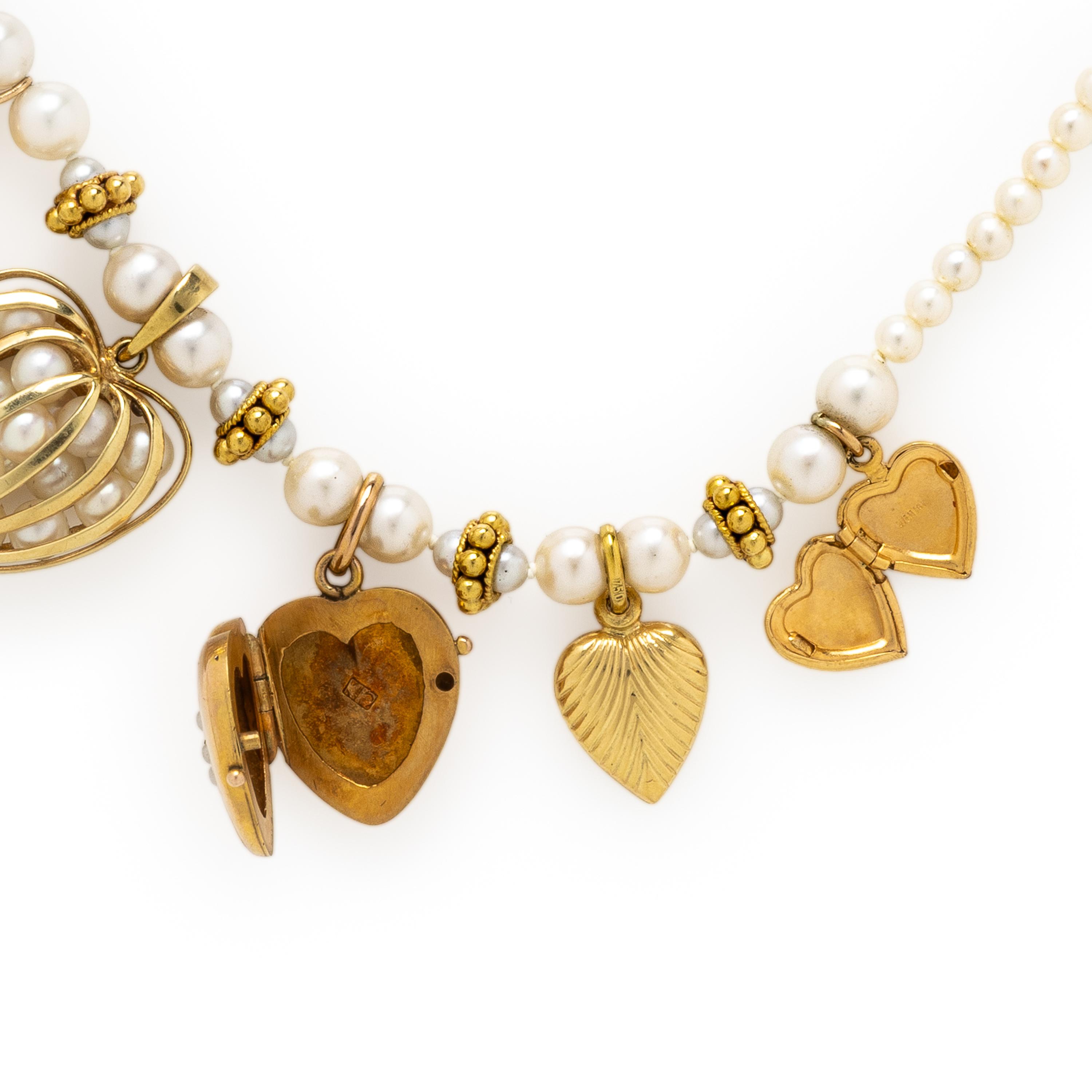 Cultured Pearl and Yellow Gold Heart Charm Necklace