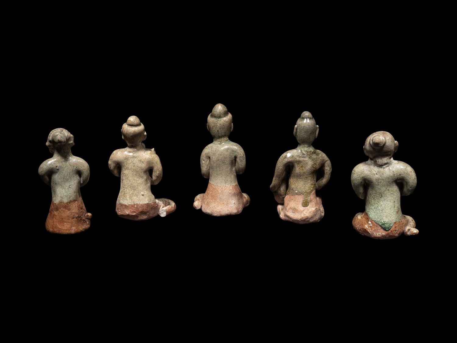 Five Thai Sukhothai Celadon Glazed Pottery Figures