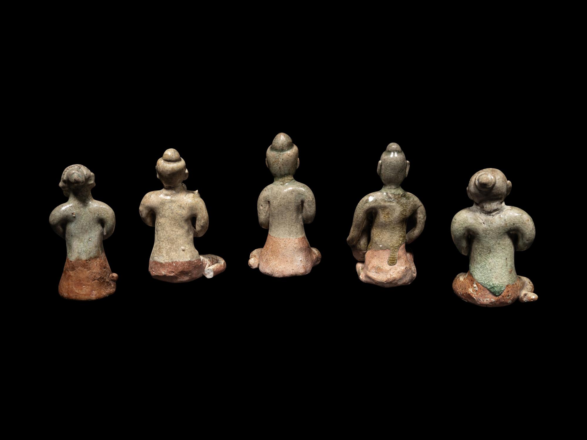 Five Thai Sukhothai Celadon Glazed Pottery Figures